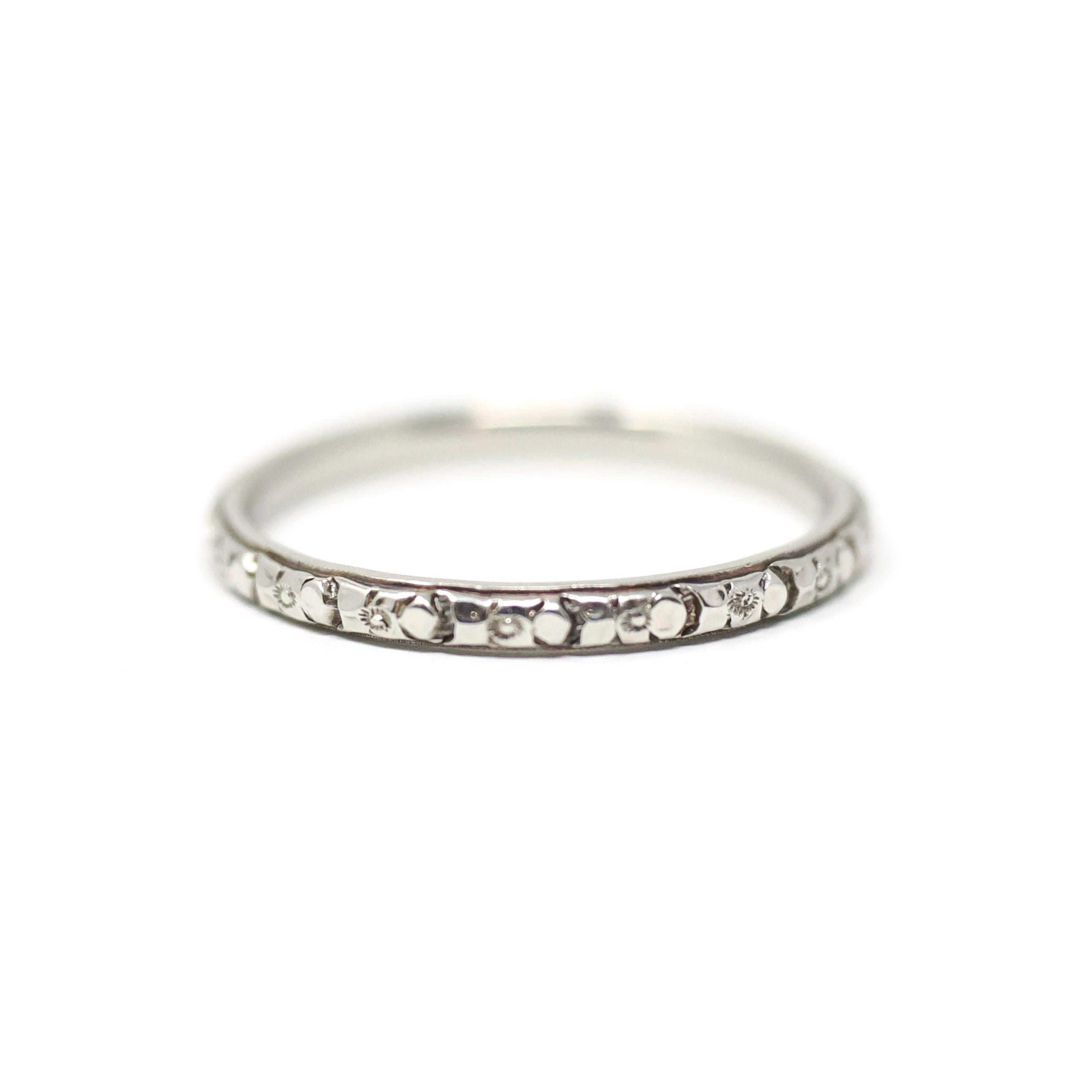 Vintage Floral Wedding Band - Art Deco 18k White Gold Flower Eternity Ring - Circa 1930s Era Size 7 1/4 Bridal Unisex Engraved Fine Jewelry