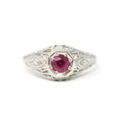 Art Deco Ring - Vintage Platinum 14k White Gold Red Created Ruby & Diamonds - Circa 1930s Era Size 7 July Birthstone Fine Filigree Jewelry