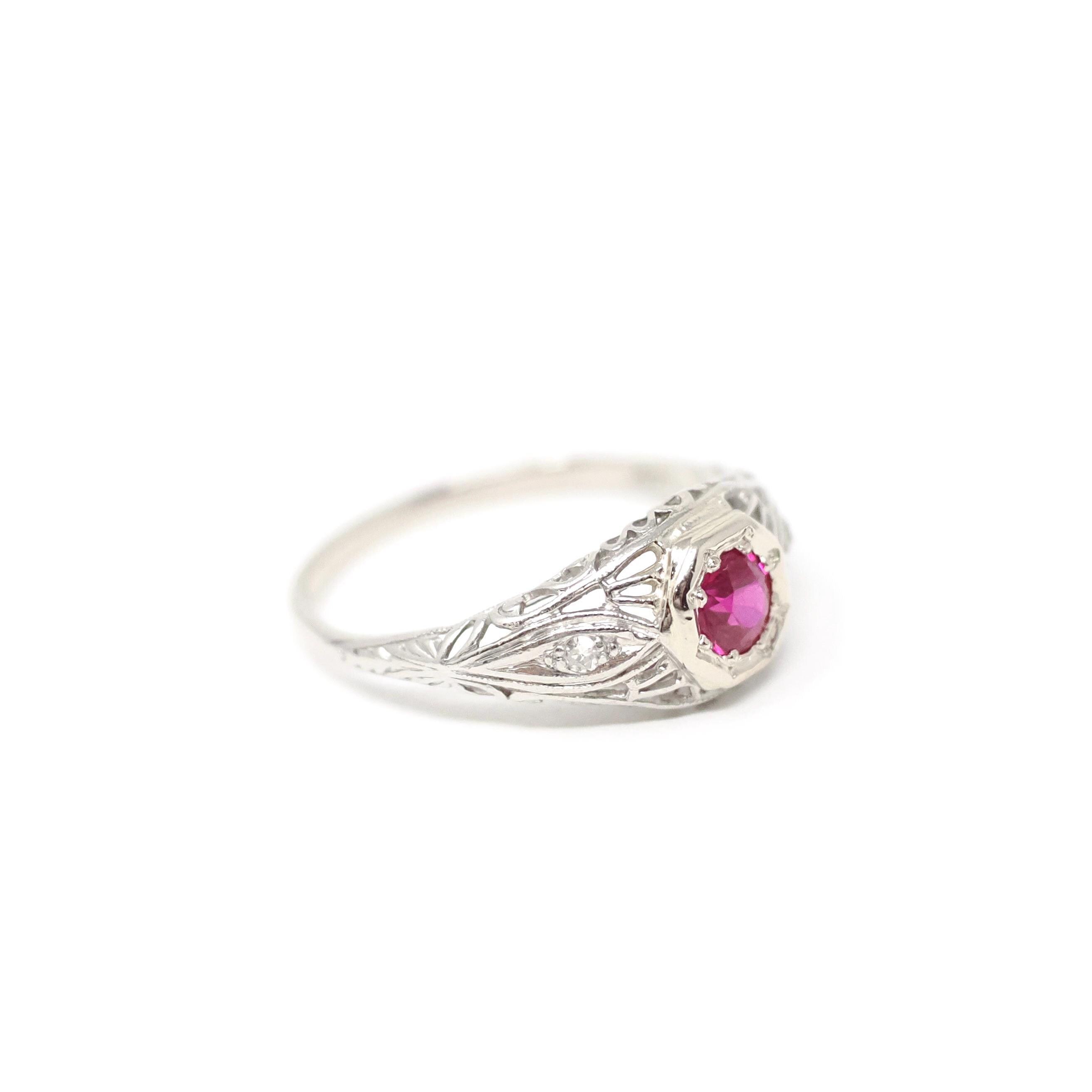 Art Deco Ring - Vintage Platinum 14k White Gold Red Created Ruby & Diamonds - Circa 1930s Era Size 7 July Birthstone Fine Filigree Jewelry