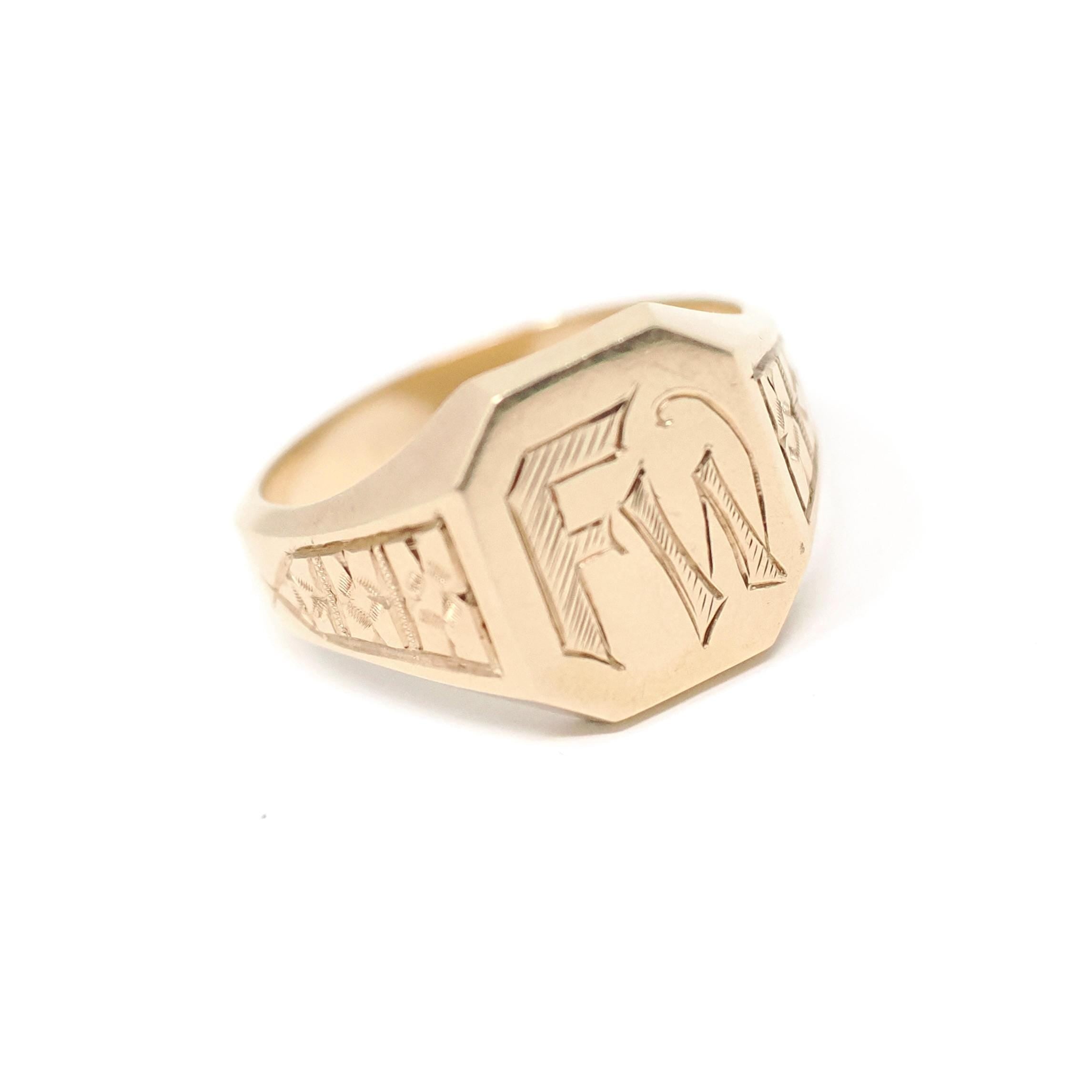 Antique "FW" Signet Ring - Art Deco 10k Yellow Gold Engraved Letter Initial Men's Unisex Statement - Vintage 1920s Size 11 1/4 Fine Jewelry