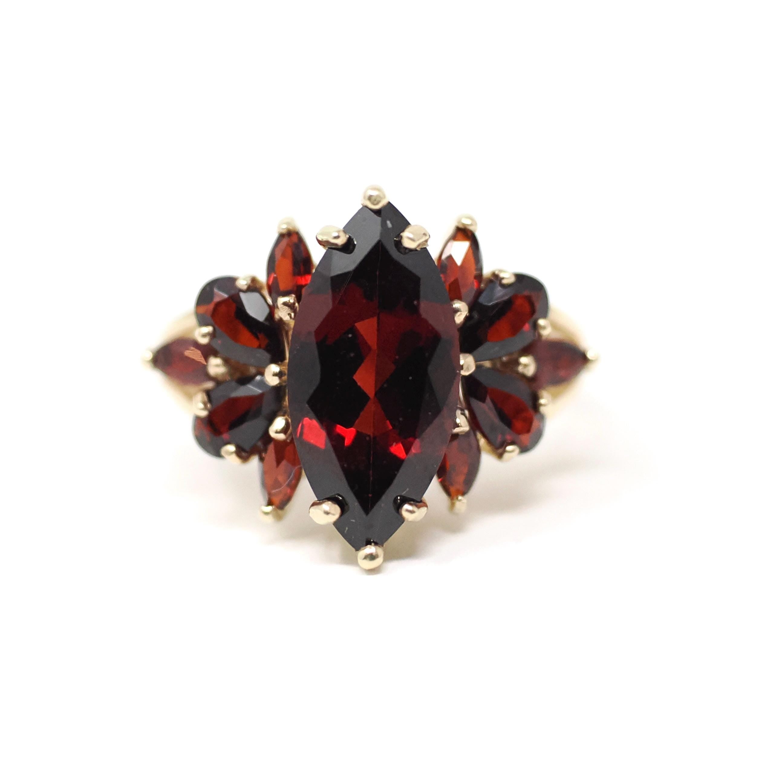 Garnet Cluster Ring - Estate 10k Yellow Gold Natural Red Gems Marquise Statement - Modern Circa 2000s Size 7 Fine January Birthstone Jewelry