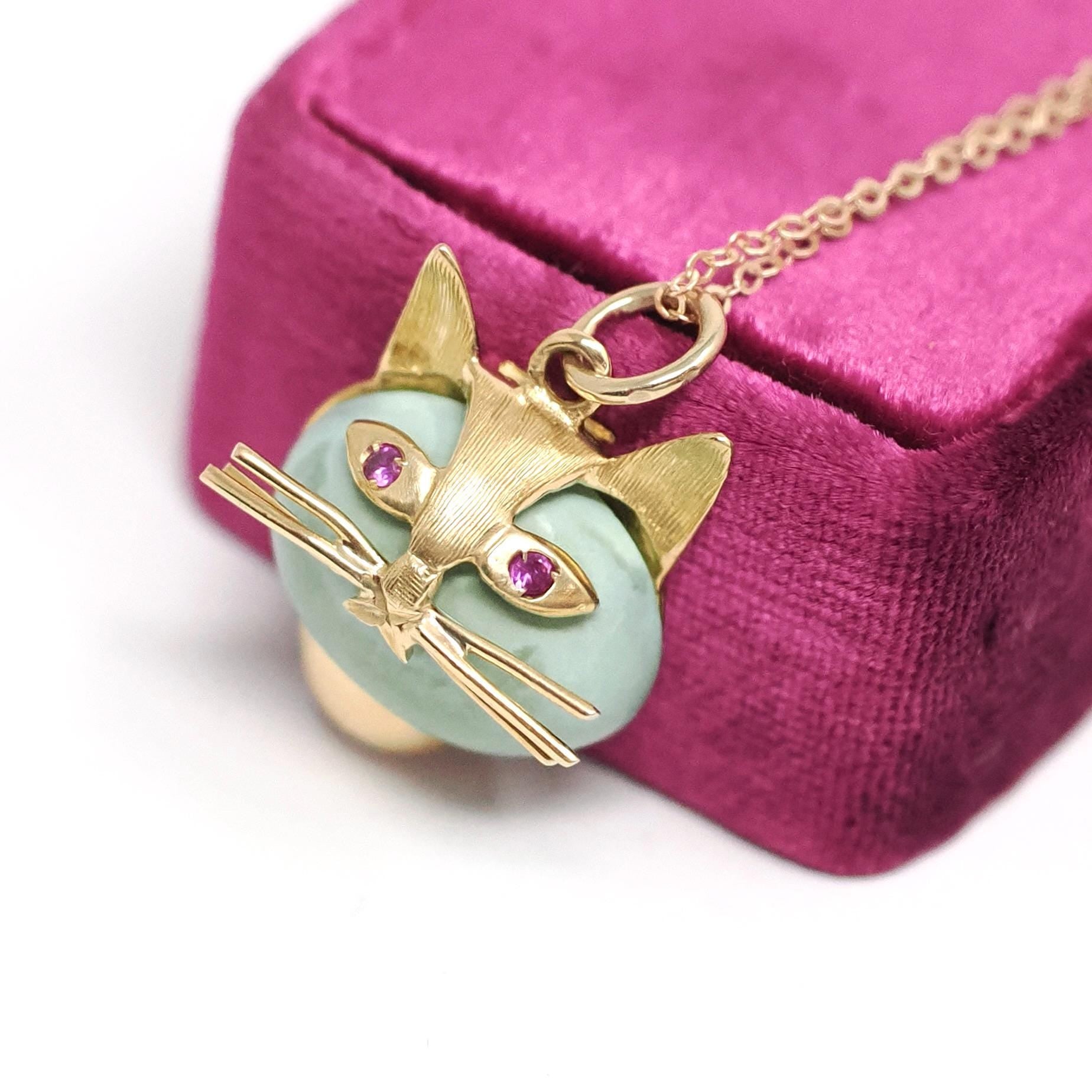 Vintage Cat Pendant - Retro 18k Yellow Gold Large Turquoise & Created Pink Sapphires Charm Necklace - Circa 1960s Animal Fine Feline Jewelry