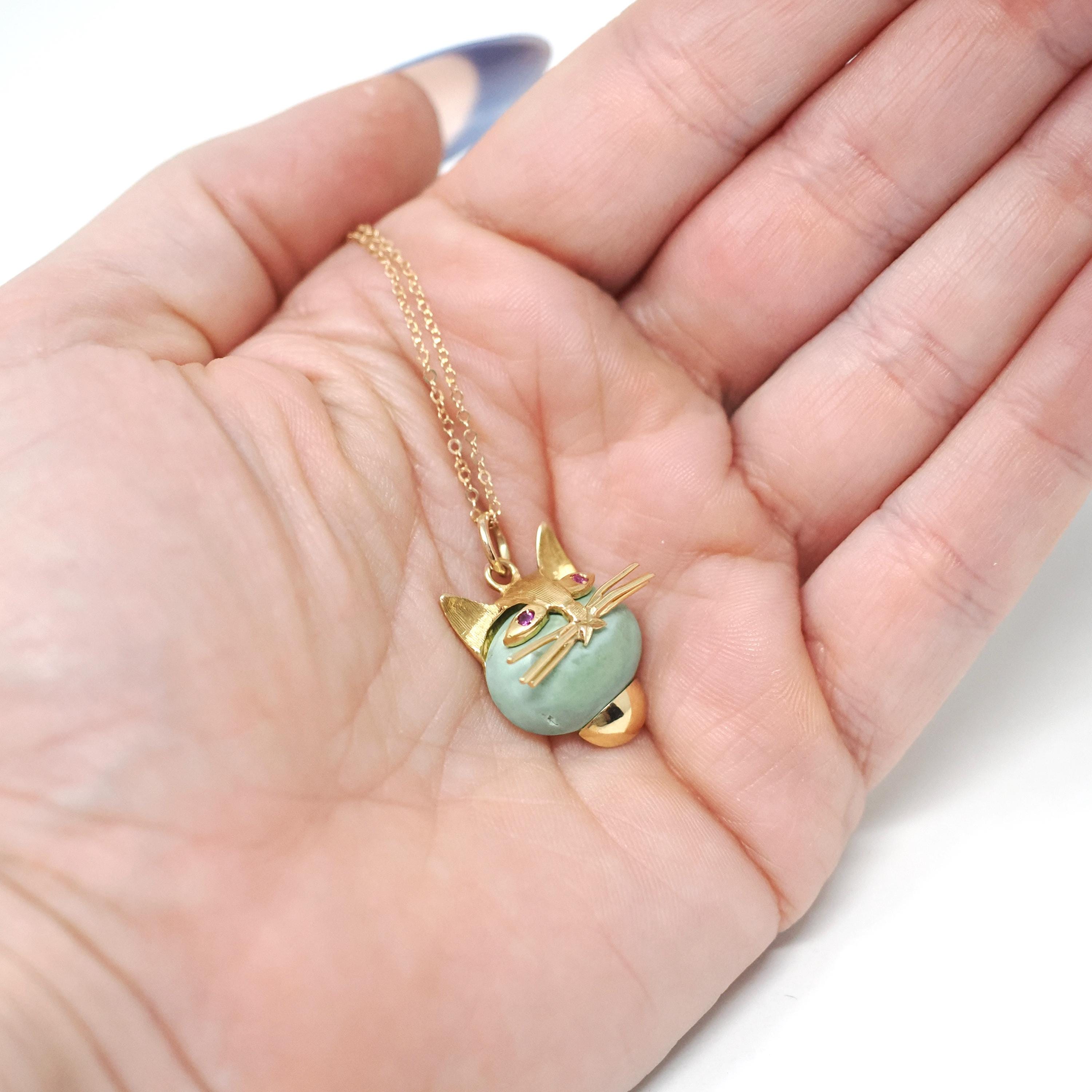 Vintage Cat Pendant - Retro 18k Yellow Gold Large Turquoise & Created Pink Sapphires Charm Necklace - Circa 1960s Animal Fine Feline Jewelry