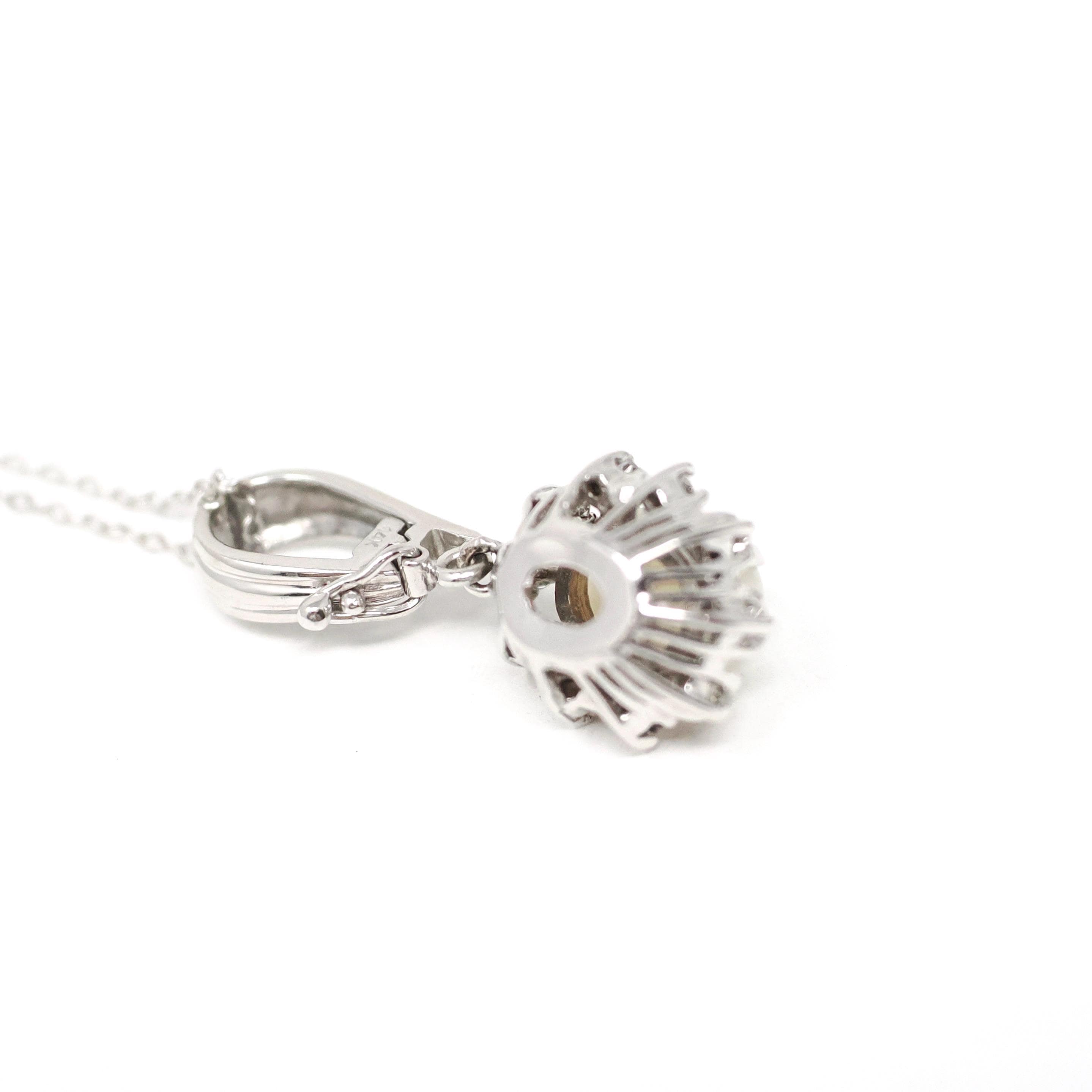 Opal & Diamond Necklace - Estate 14k White Gold Natural .30 CTW Halo Cluster Pendant - Modern Circa 2000s Era October Birthstone Jewelry