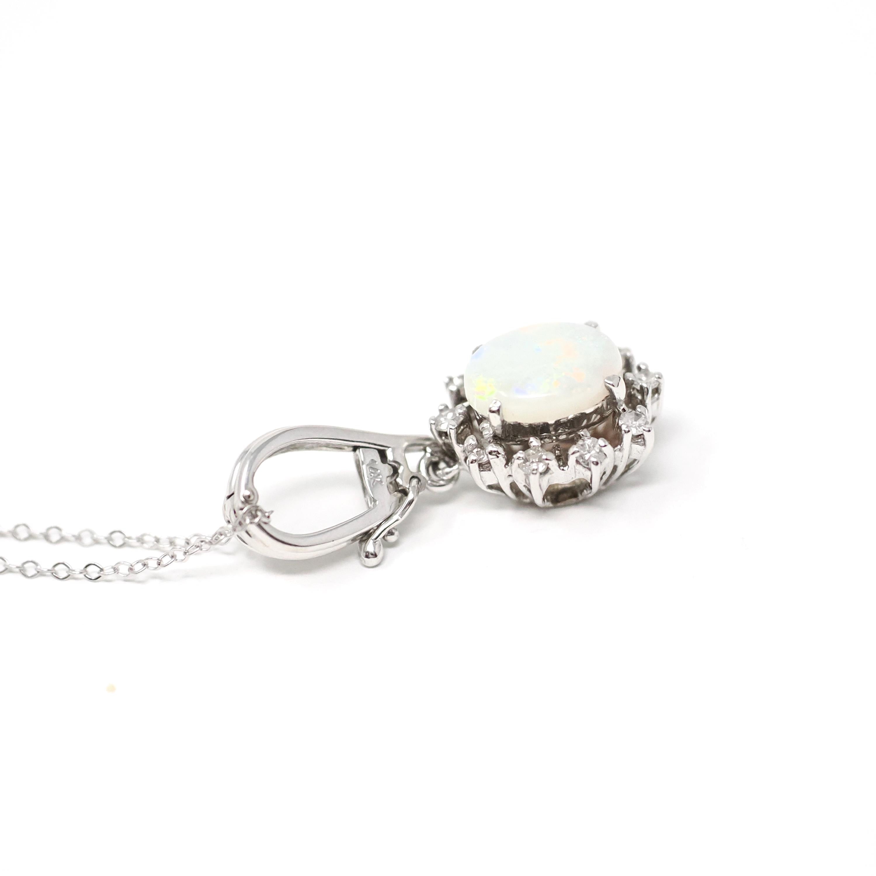Opal & Diamond Necklace - Estate 14k White Gold Natural .30 CTW Halo Cluster Pendant - Modern Circa 2000s Era October Birthstone Jewelry