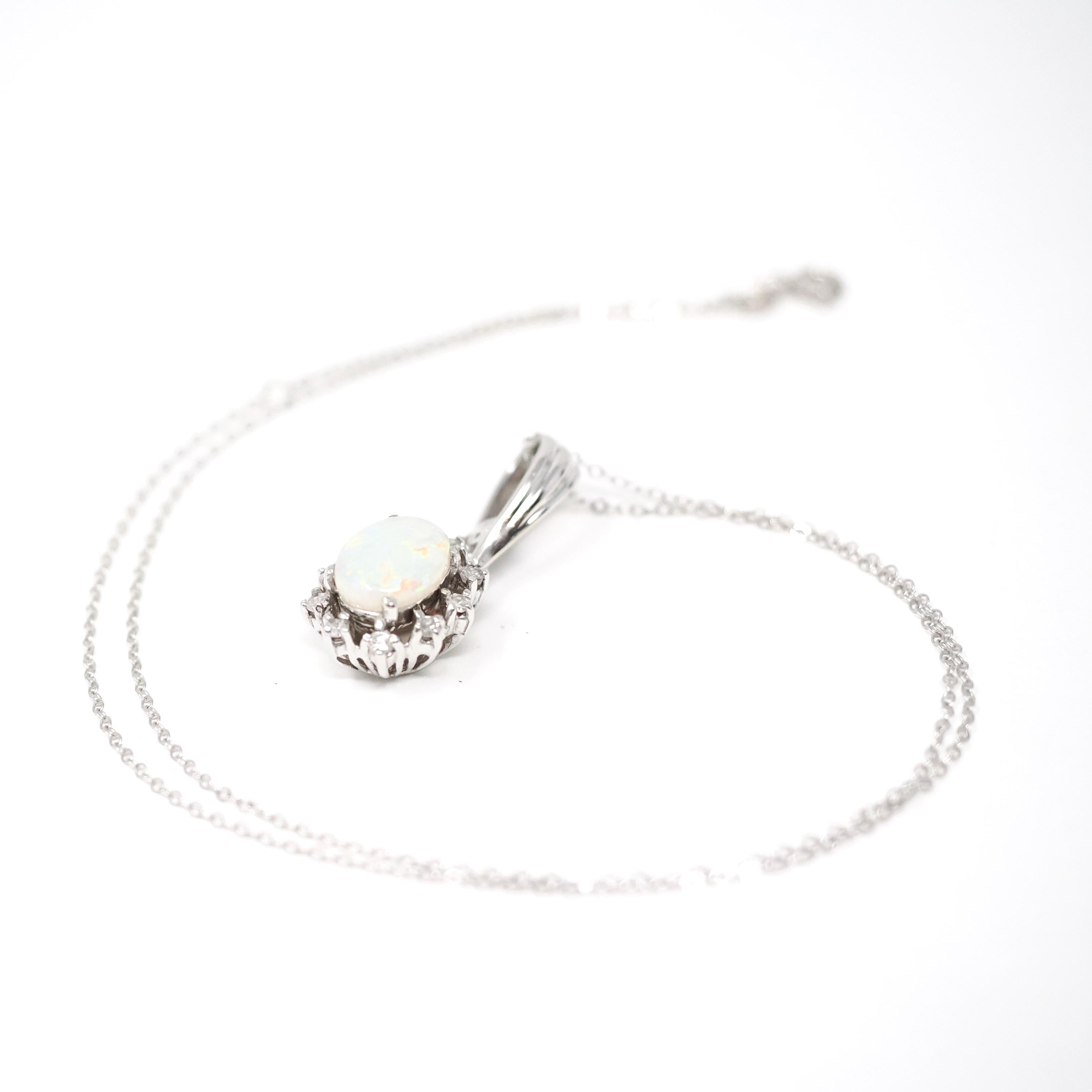 Opal & Diamond Necklace - Estate 14k White Gold Natural .30 CTW Halo Cluster Pendant - Modern Circa 2000s Era October Birthstone Jewelry