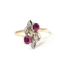 Vintage Ruby Ring - Retro 14k Yellow White Gold Diamond Accented Bypass - Circa 1960s Era Size 6 3/4 Leaf Motif Nature Inspired Fine Jewelry