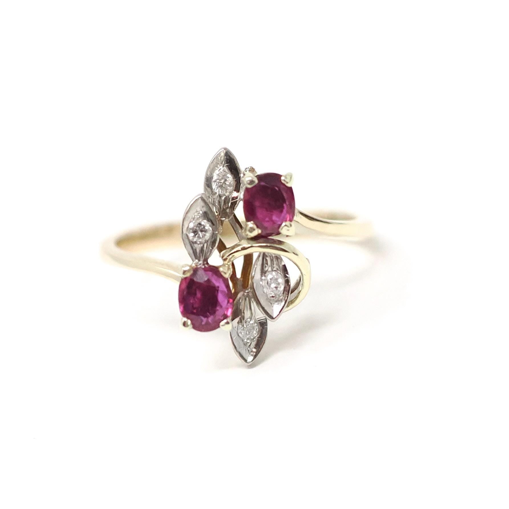 Vintage Ruby Ring - Retro 14k Yellow White Gold Diamond Accented Bypass - Circa 1960s Era Size 6 3/4 Leaf Motif Nature Inspired Fine Jewelry