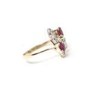 Vintage Ruby Ring - Retro 14k Yellow White Gold Diamond Accented Bypass - Circa 1960s Era Size 6 3/4 Leaf Motif Nature Inspired Fine Jewelry