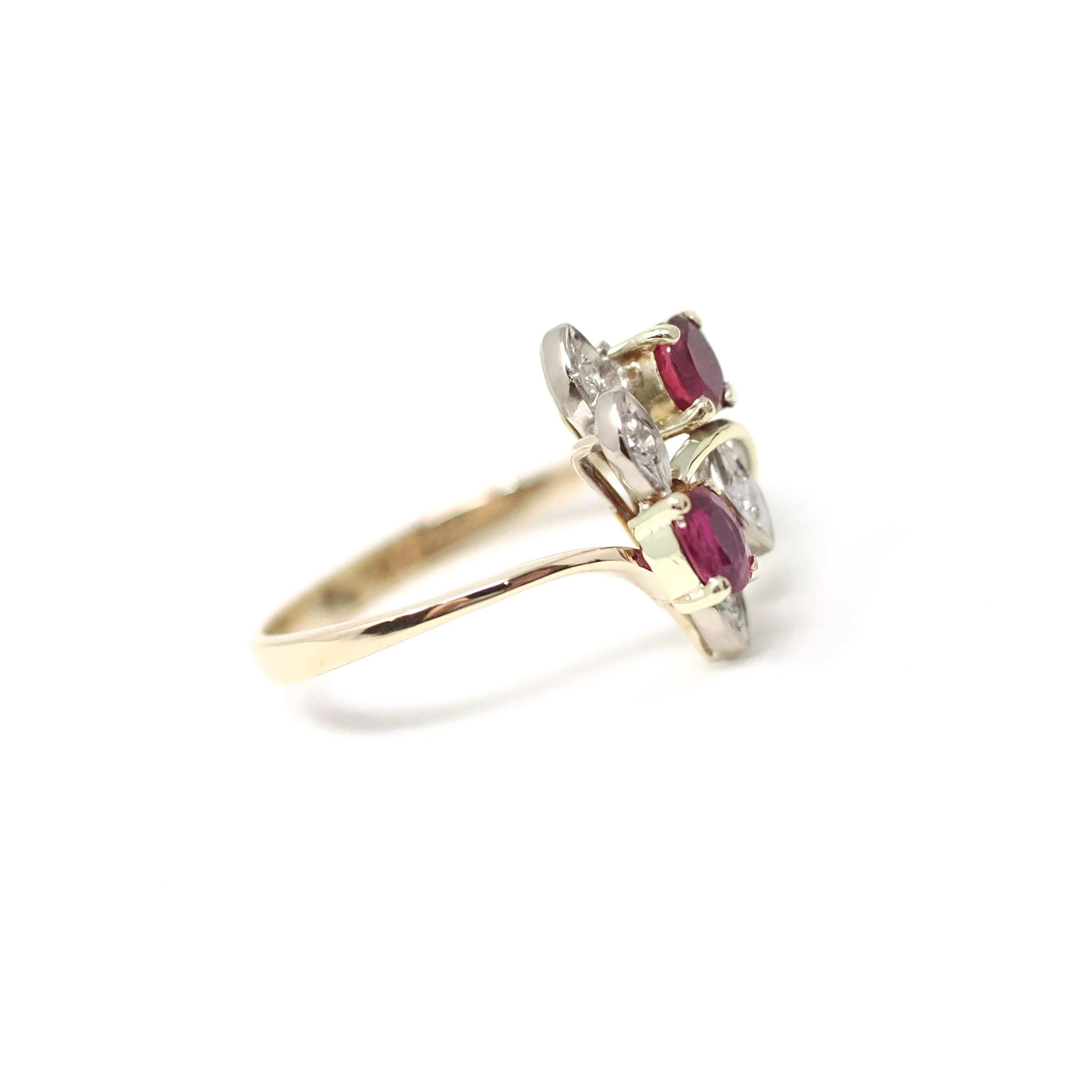 Vintage Ruby Ring - Retro 14k Yellow White Gold Diamond Accented Bypass - Circa 1960s Era Size 6 3/4 Leaf Motif Nature Inspired Fine Jewelry