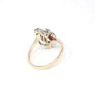 Vintage Ruby Ring - Retro 14k Yellow White Gold Diamond Accented Bypass - Circa 1960s Era Size 6 3/4 Leaf Motif Nature Inspired Fine Jewelry
