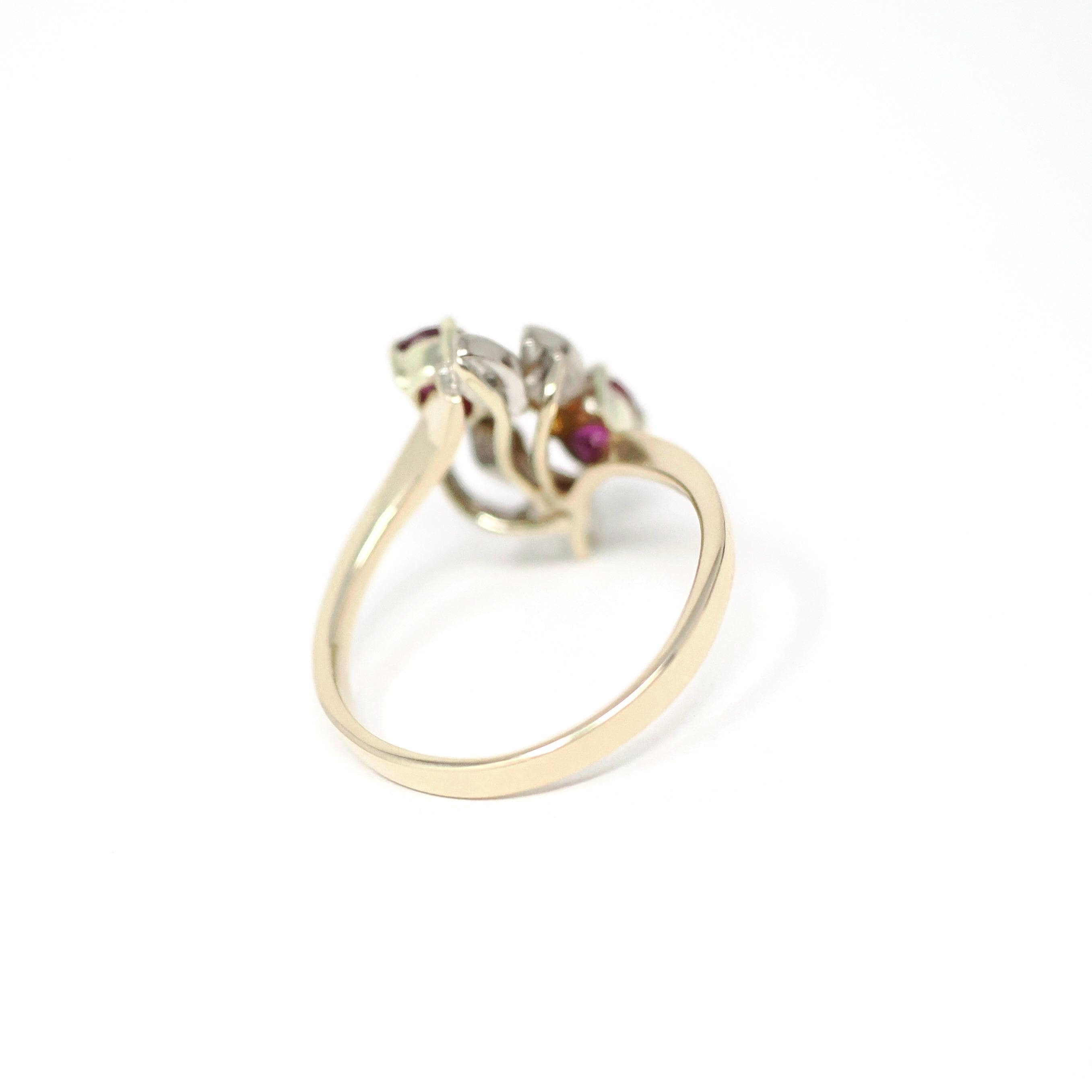 Vintage Ruby Ring - Retro 14k Yellow White Gold Diamond Accented Bypass - Circa 1960s Era Size 6 3/4 Leaf Motif Nature Inspired Fine Jewelry