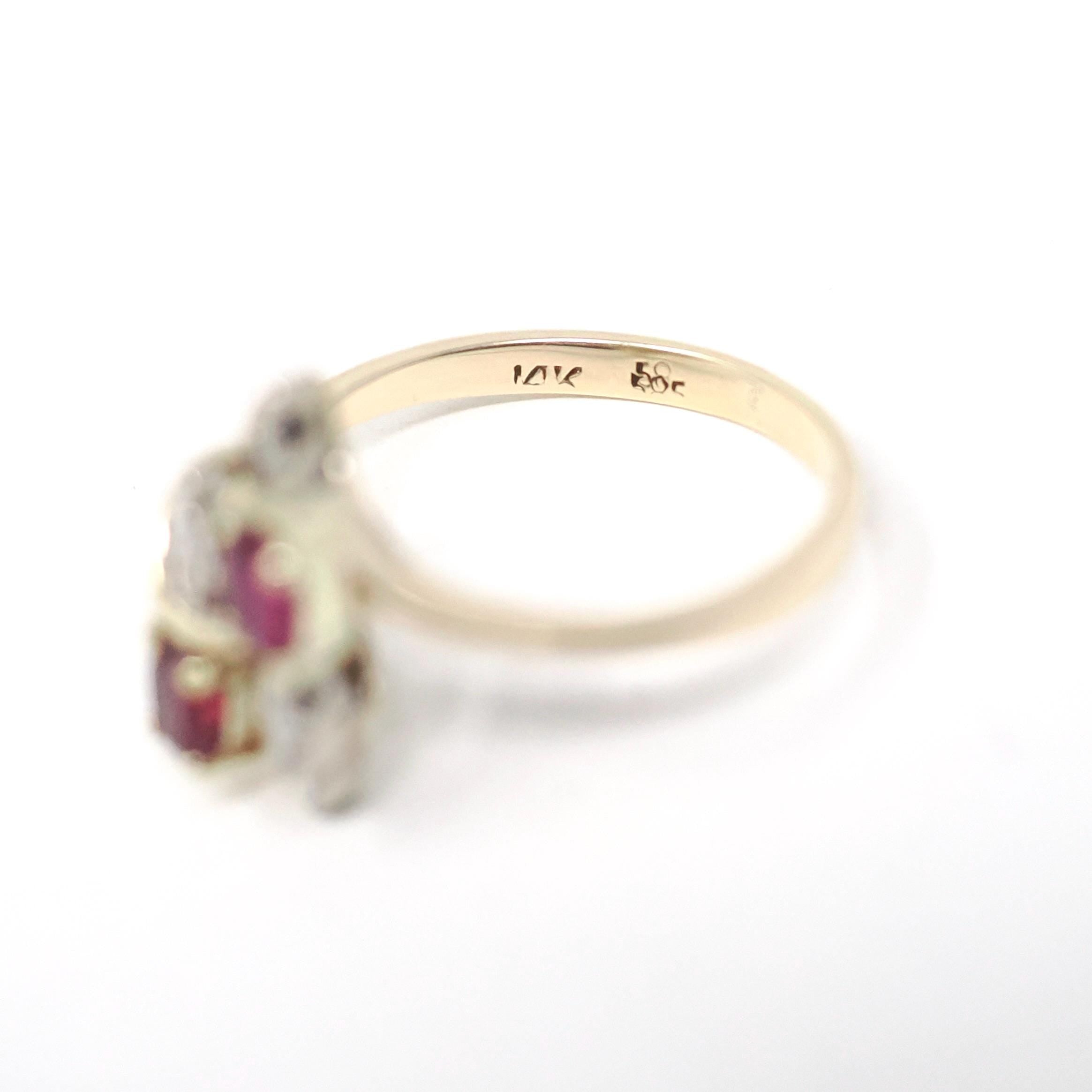 Vintage Ruby Ring - Retro 14k Yellow White Gold Diamond Accented Bypass - Circa 1960s Era Size 6 3/4 Leaf Motif Nature Inspired Fine Jewelry