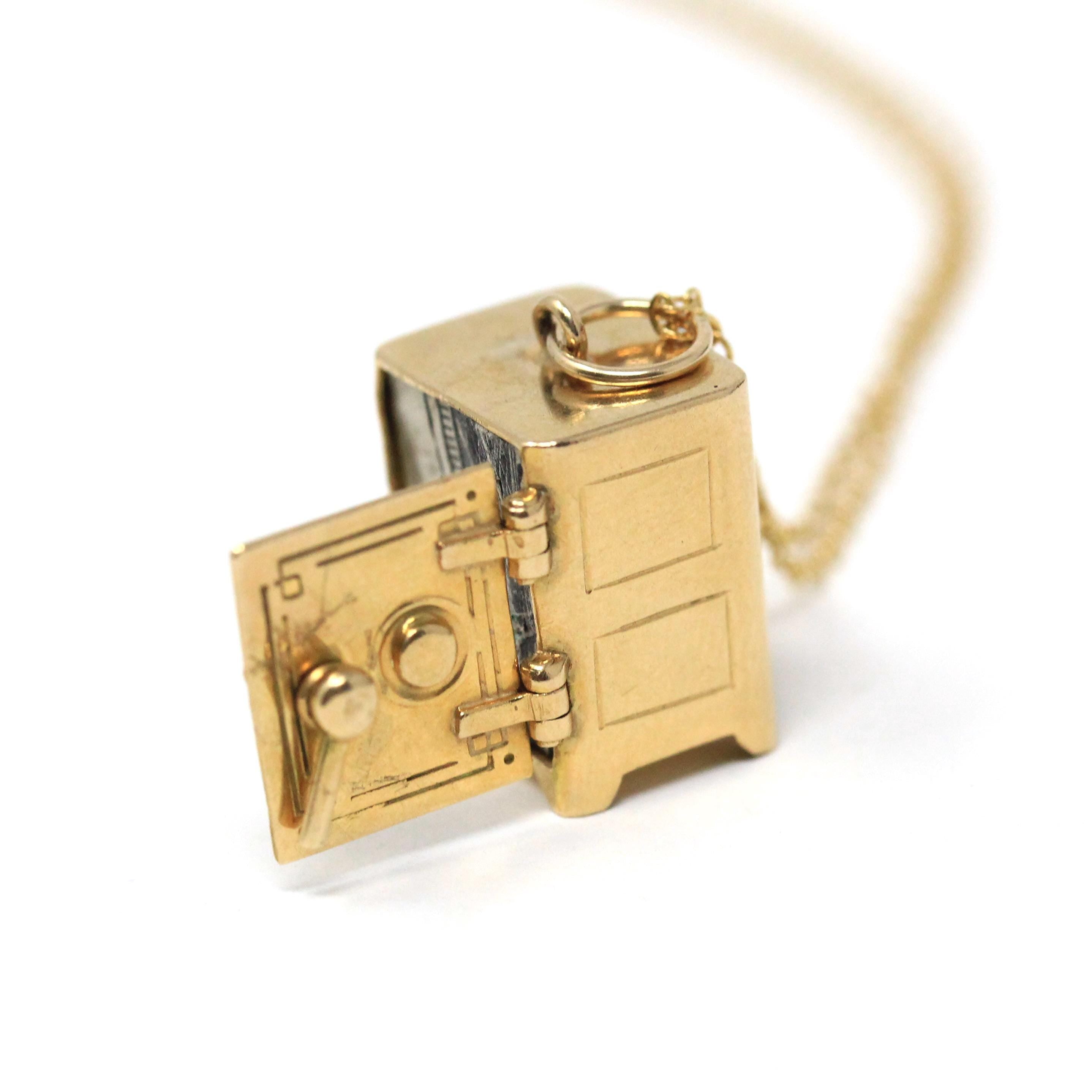 Vintage Money Safe Charm - Mid Century 14k Yellow Gold Pendant Vault Necklace - Vintage Circa 1950s Era Dollar Bill Locket Fine 50s Jewelry