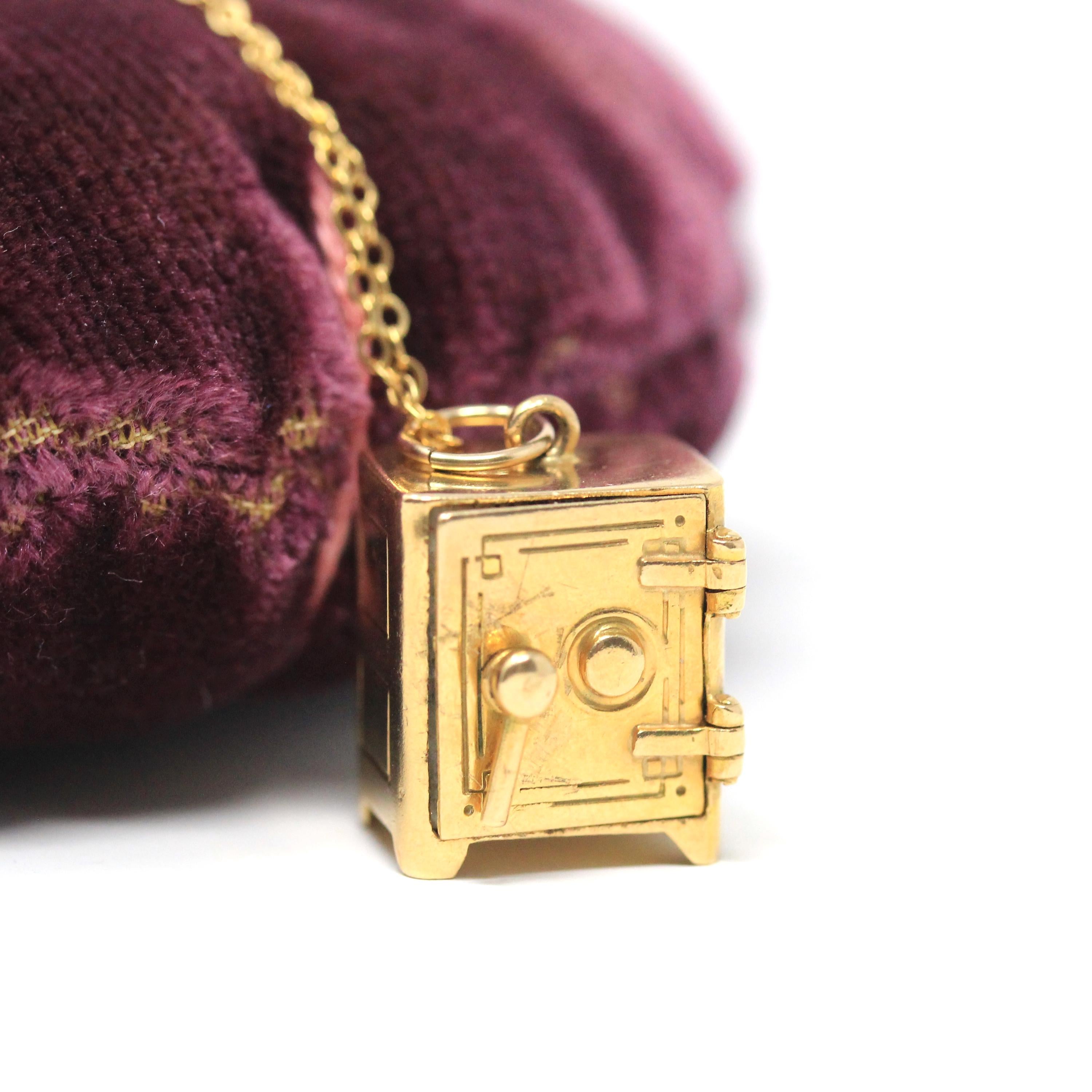 Vintage Money Safe Charm - Mid Century 14k Yellow Gold Pendant Vault Necklace - Vintage Circa 1950s Era Dollar Bill Locket Fine 50s Jewelry