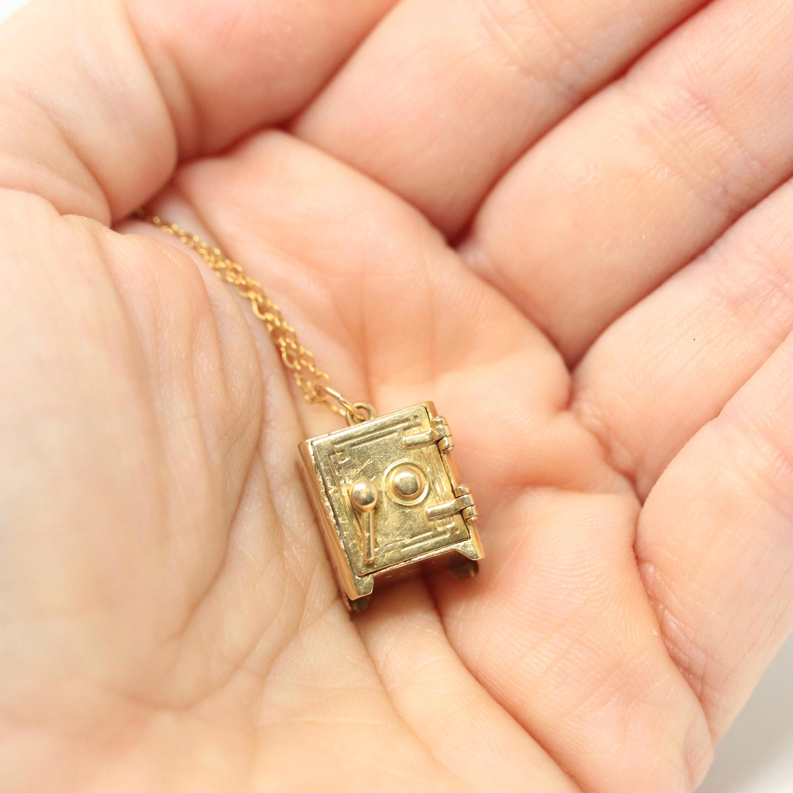 Vintage Money Safe Charm - Mid Century 14k Yellow Gold Pendant Vault Necklace - Vintage Circa 1950s Era Dollar Bill Locket Fine 50s Jewelry