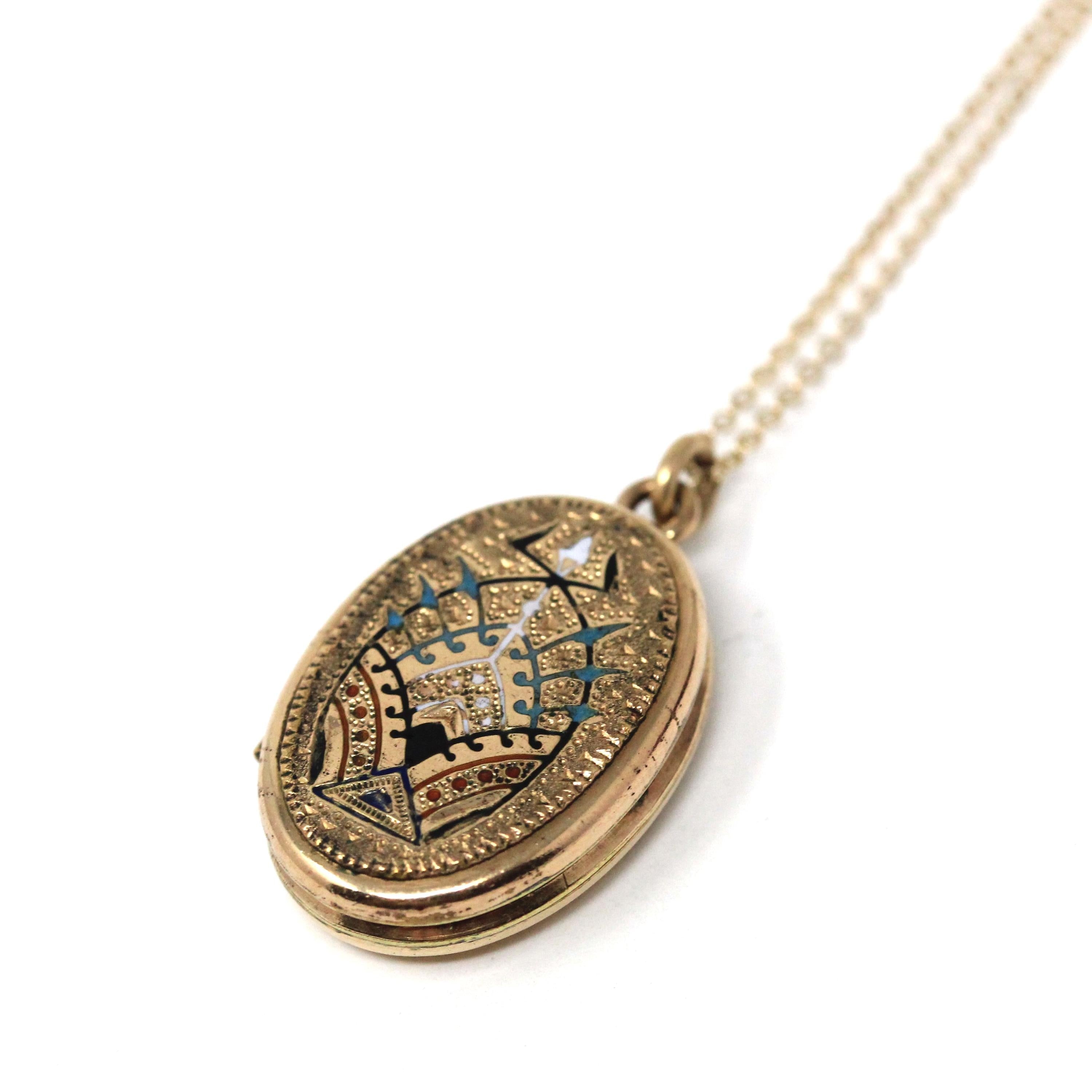 Victorian Enamel Locket - Antique Gold Filled Oval Black White Turquoise Flower Pendant Necklace - Vintage Circa 1890s Photo Fine Jewelry