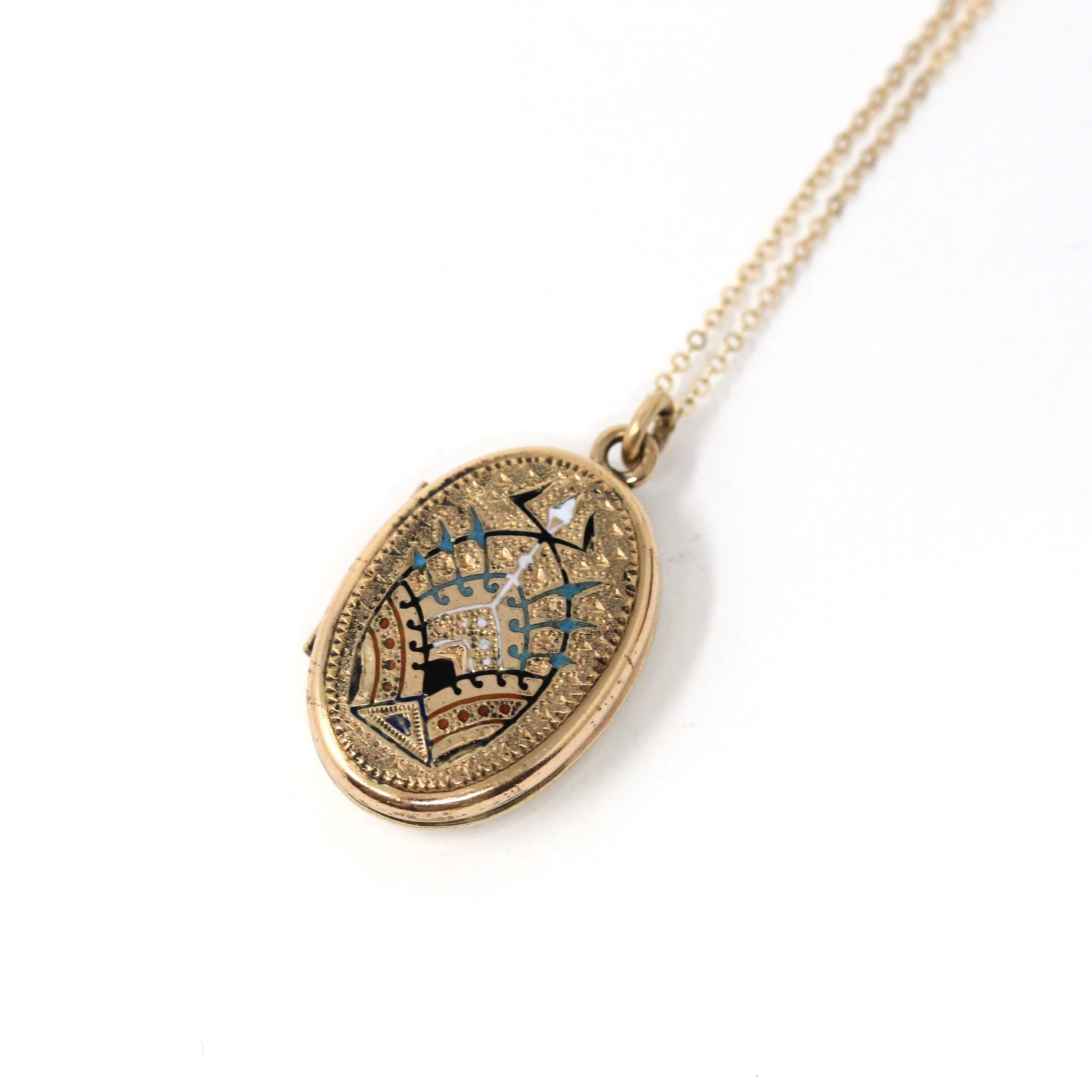 Victorian Enamel Locket - Antique Gold Filled Oval Black White Turquoise Flower Pendant Necklace - Vintage Circa 1890s Photo Fine Jewelry