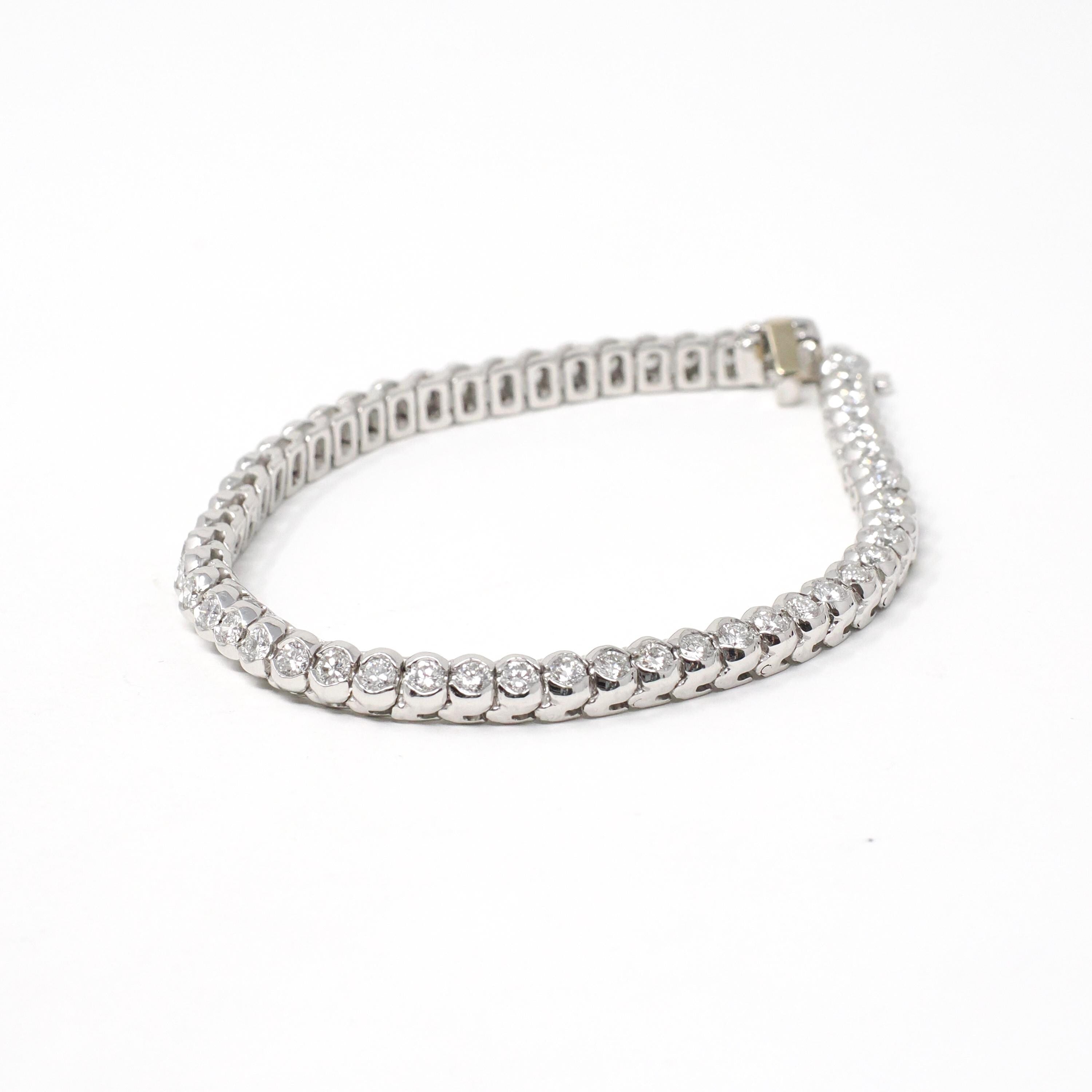 Diamond Tennis Bracelet - Modern 14k White Gold 3.18 CTW Natural Gemstones Half Bezel 7 Inch Line - Estate 2000s Wedding Bridal Fine Jewelry