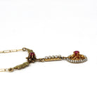 Antique Lavalier Necklace - Edwardian 10k Yellow Gold Created Ruby Seed Pearl Pendant Charm - Circa 1910s Floral Leaf Flower Fine Jewelry