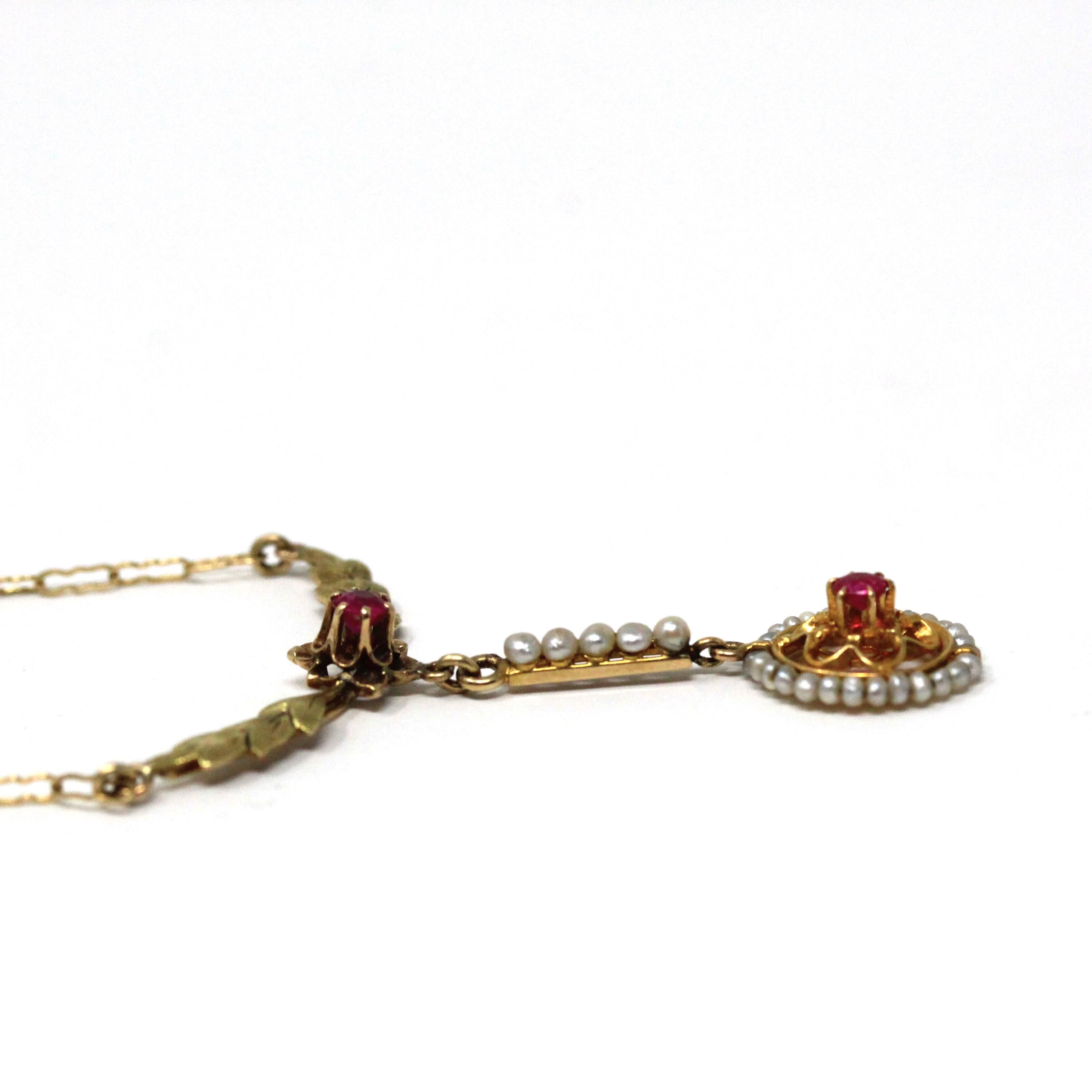 Antique Lavalier Necklace - Edwardian 10k Yellow Gold Created Ruby Seed Pearl Pendant Charm - Circa 1910s Floral Leaf Flower Fine Jewelry