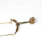 Antique Lavalier Necklace - Edwardian 10k Yellow Gold Created Ruby Seed Pearl Pendant Charm - Circa 1910s Floral Leaf Flower Fine Jewelry