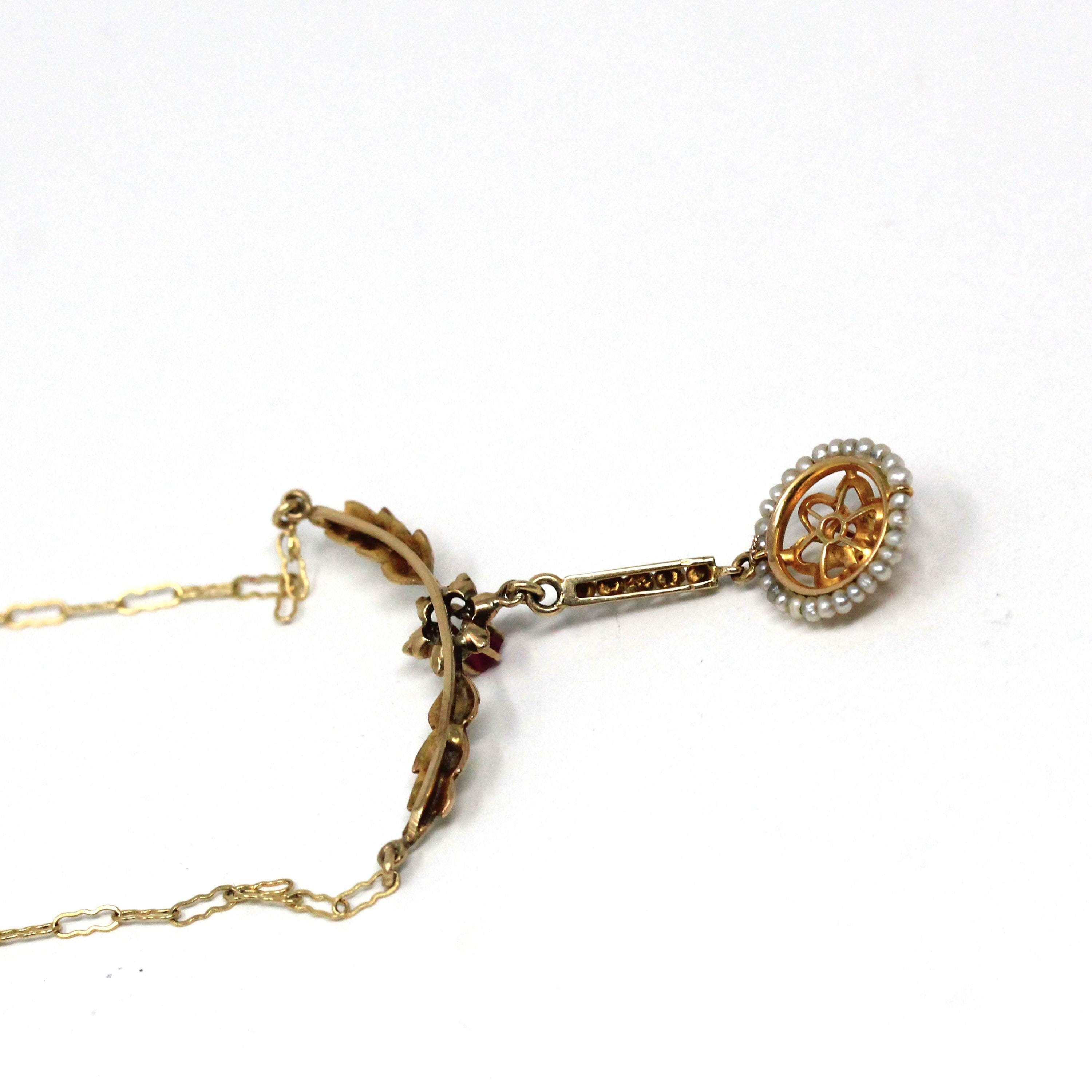 Antique Lavalier Necklace - Edwardian 10k Yellow Gold Created Ruby Seed Pearl Pendant Charm - Circa 1910s Floral Leaf Flower Fine Jewelry