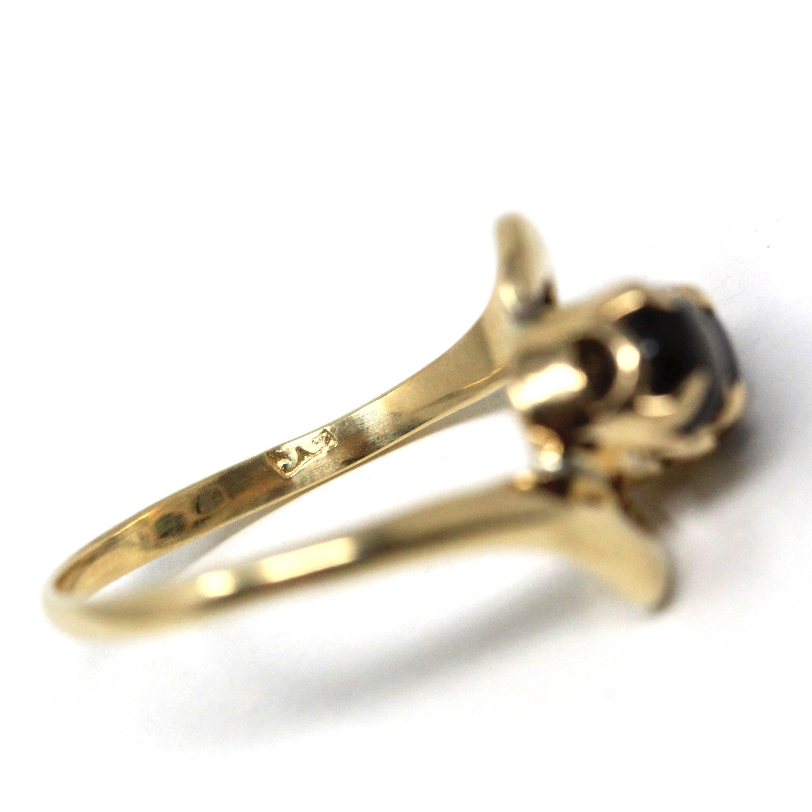 Black Star Sapphire Ring - Retro 10k Yellow Gold Toi Et Moi Gemstones - Vintage Circa 1970s Era Size 6.75 Bypass Style Fine Corundum Jewelry