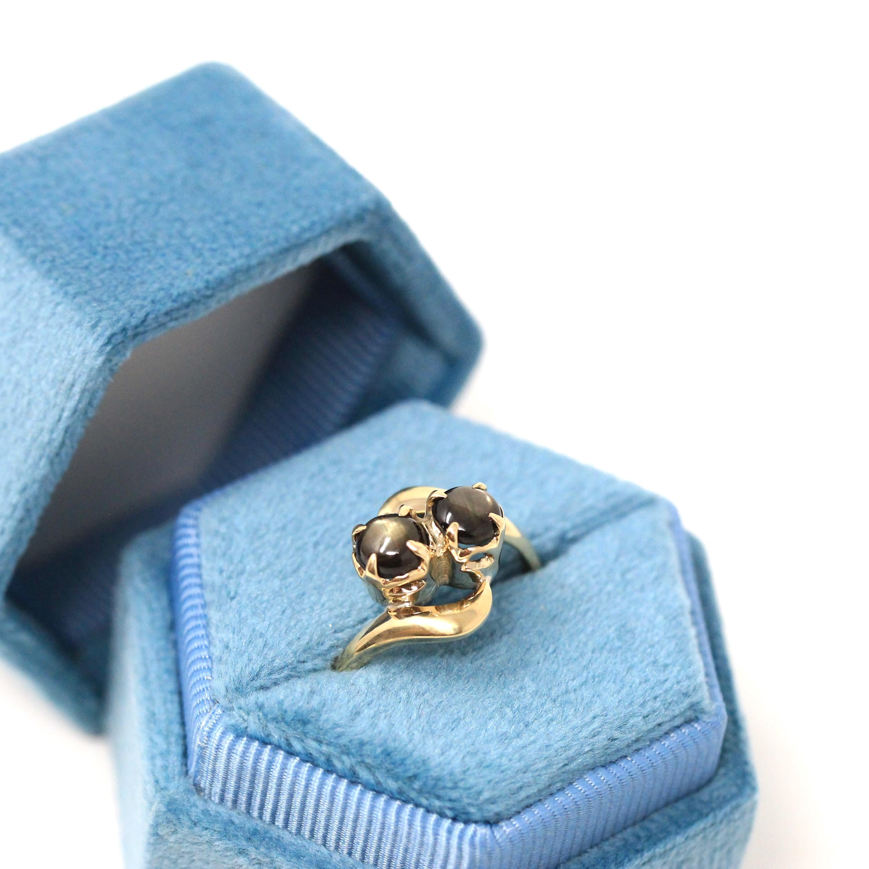 Black Star Sapphire Ring - Retro 10k Yellow Gold Toi Et Moi Gemstones - Vintage Circa 1970s Era Size 6.75 Bypass Style Fine Corundum Jewelry