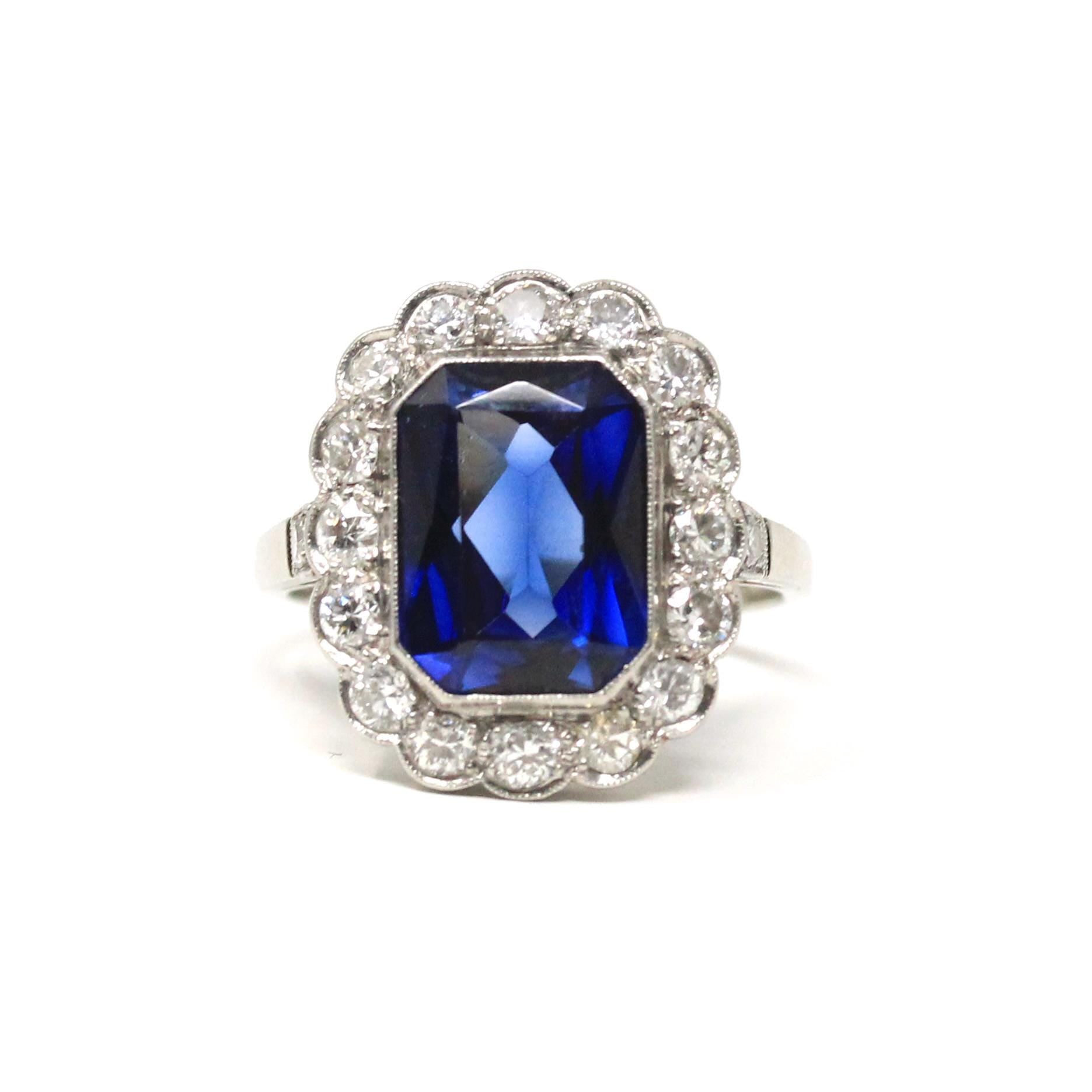 Mid Century Halo Ring - Vintage 14k White Gold Created Sapphire Natural Diamond Cocktail Engagement - Circa 1950s Size 7 1/4 Fine Jewelry