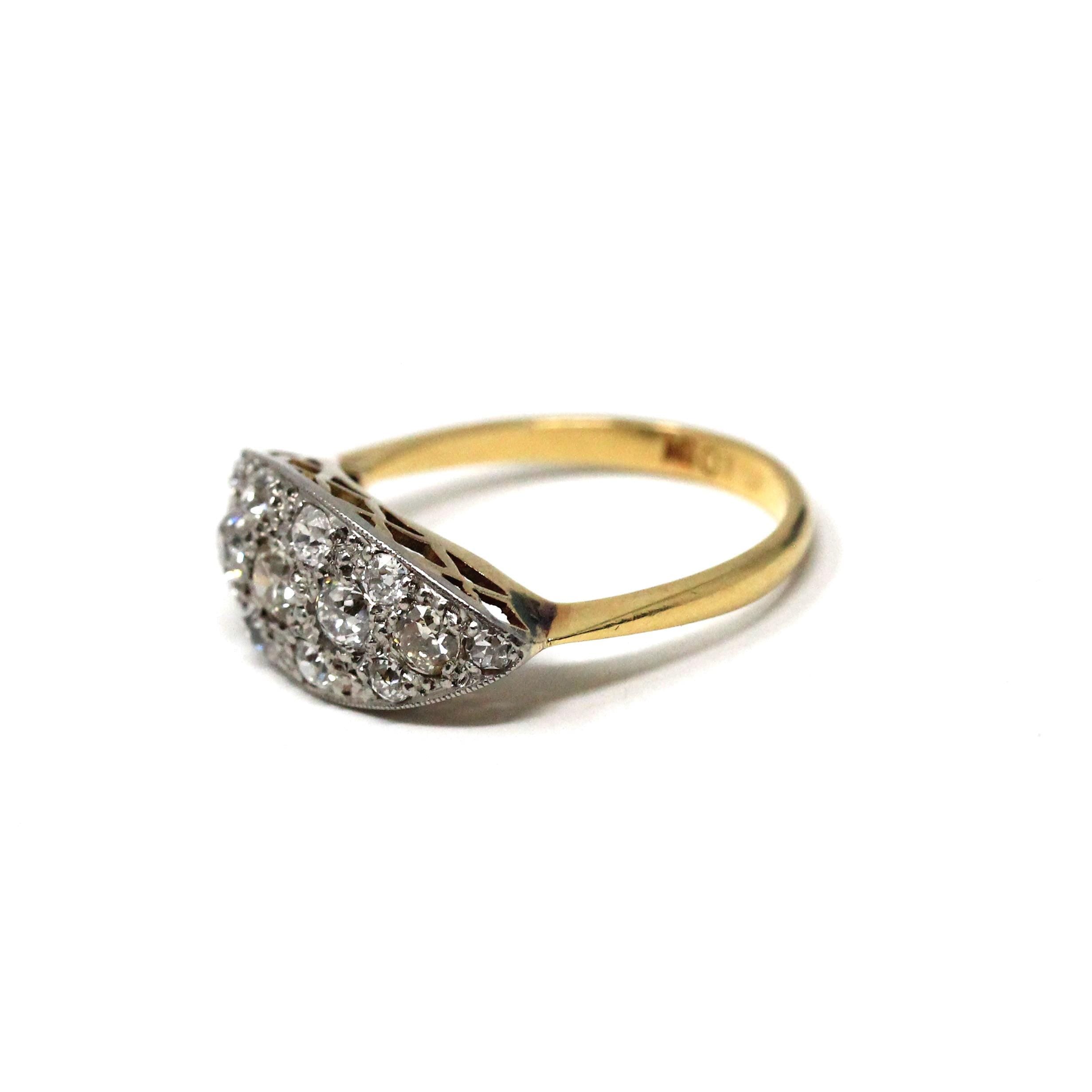 Art Deco Diamond Ring - Antique 18k Yellow & White Gold .83 CTW Cluster - Circa 1920s Era Size 7 East West Eye Fine Two Tone 20s Jewelry