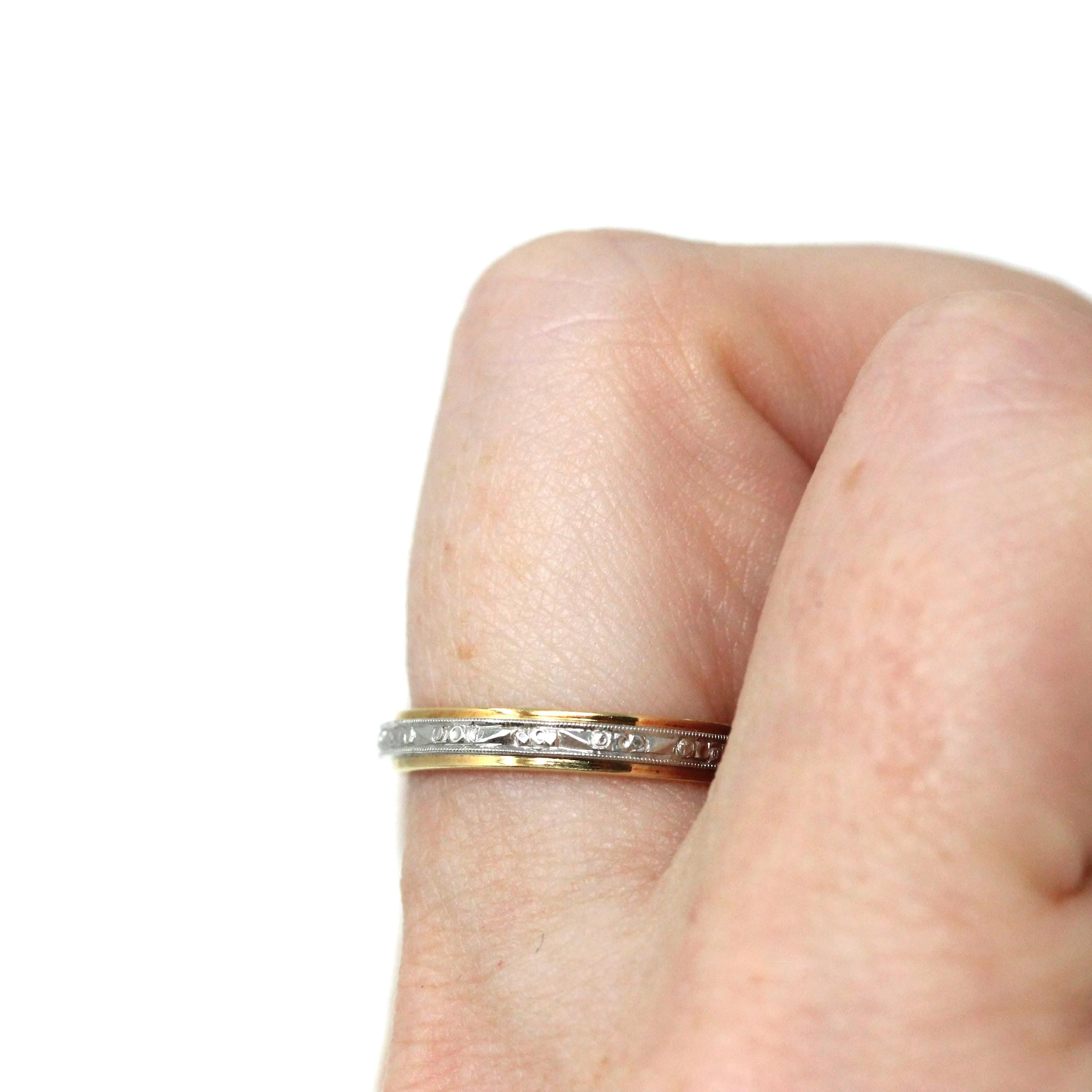 Vintage Two Tone Band - Retro 18k Yellow Gold & Platinum Engraved Floral Designs - Circa 1960s Size 5 1/2 Wedding Unisex Fine Bridal Jewelry