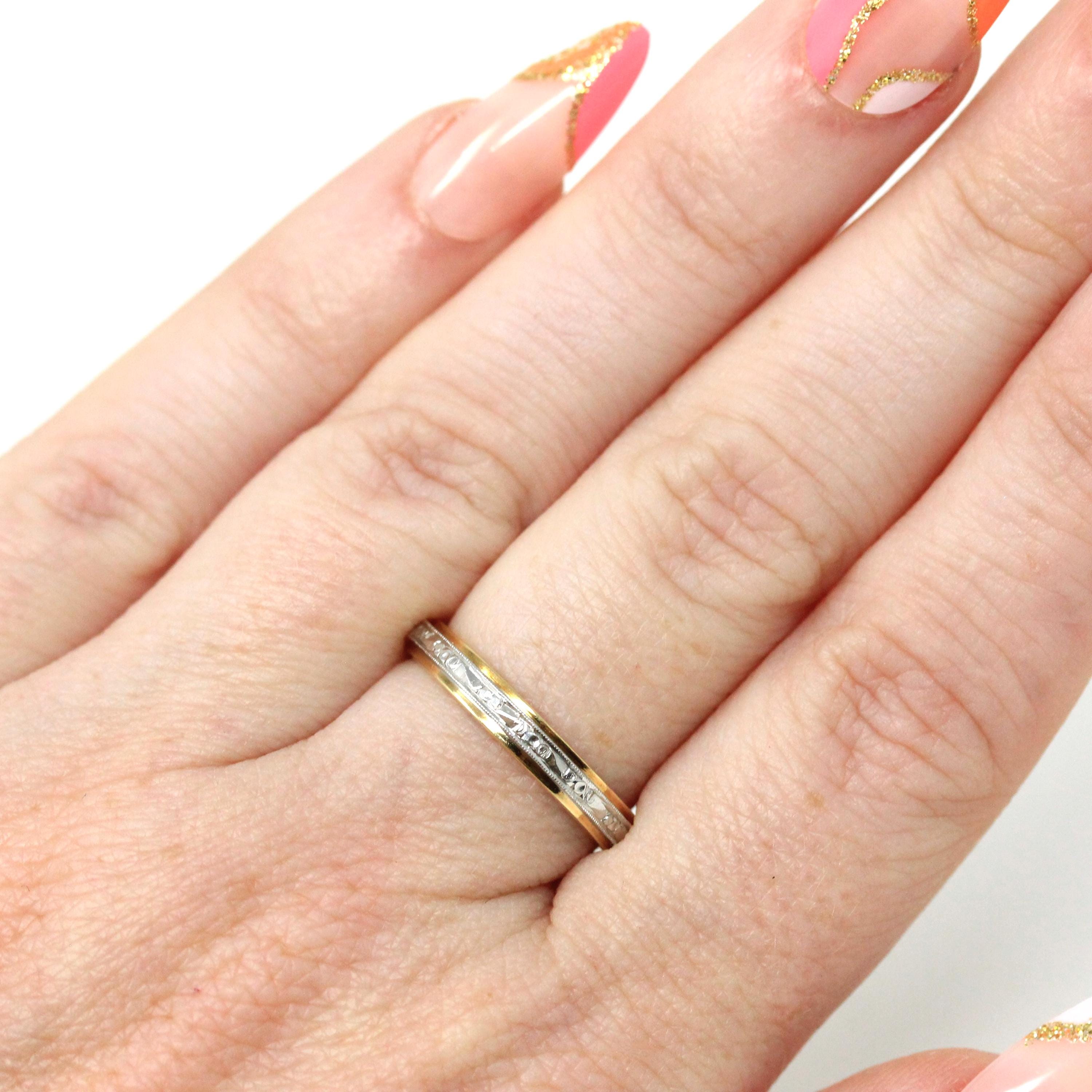 Vintage Two Tone Band - Retro 18k Yellow Gold & Platinum Engraved Floral Designs - Circa 1960s Size 5 1/2 Wedding Unisex Fine Bridal Jewelry