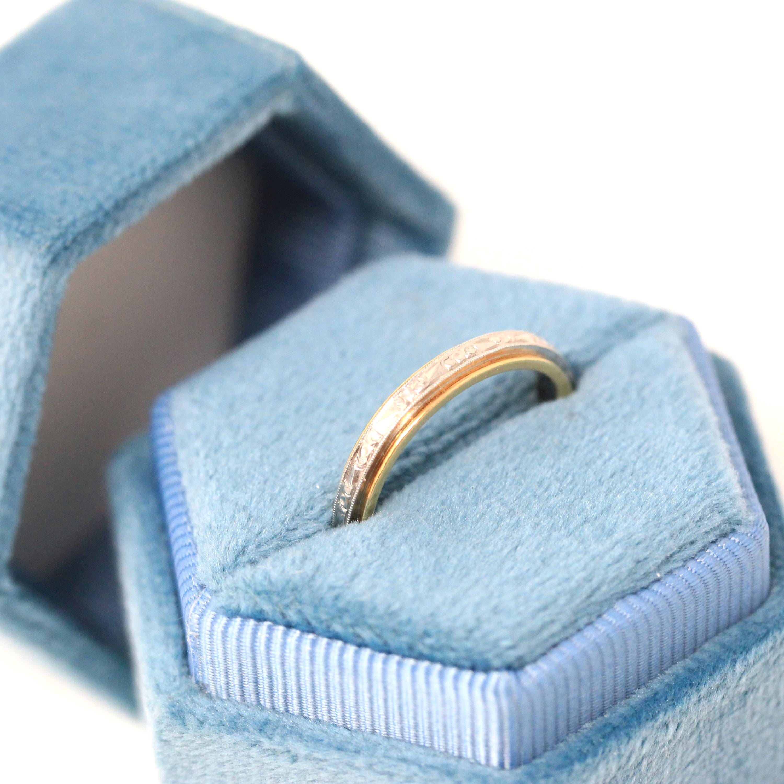 Vintage Two Tone Band - Retro 18k Yellow Gold & Platinum Engraved Floral Designs - Circa 1960s Size 5 1/2 Wedding Unisex Fine Bridal Jewelry