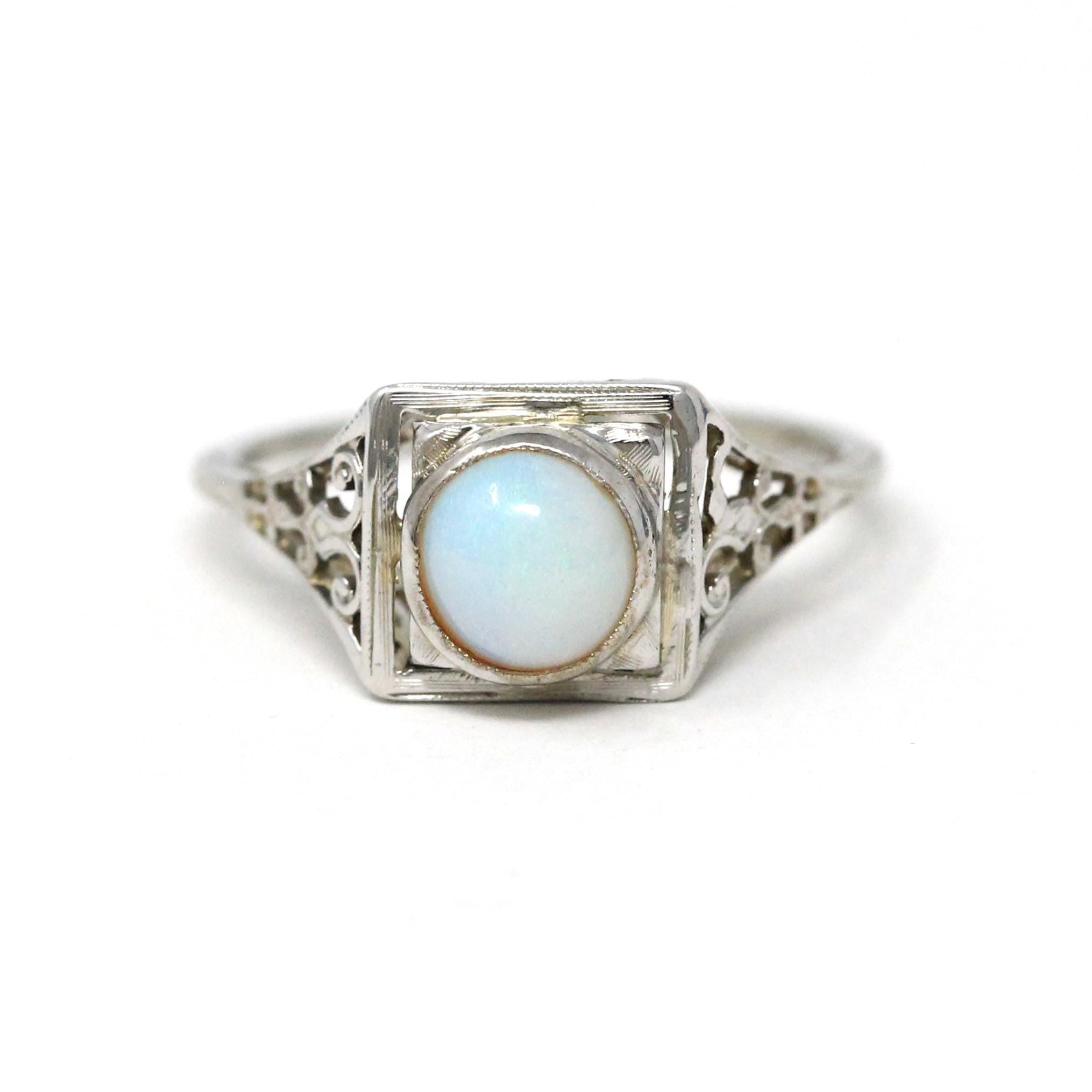 Vintage Opal Ring - Art Deco 18k White Gold Natural Cabochon Gem Square Filigree Solitaire - Circa 1930s Size 5 3/4 Fine Statement Jewelry