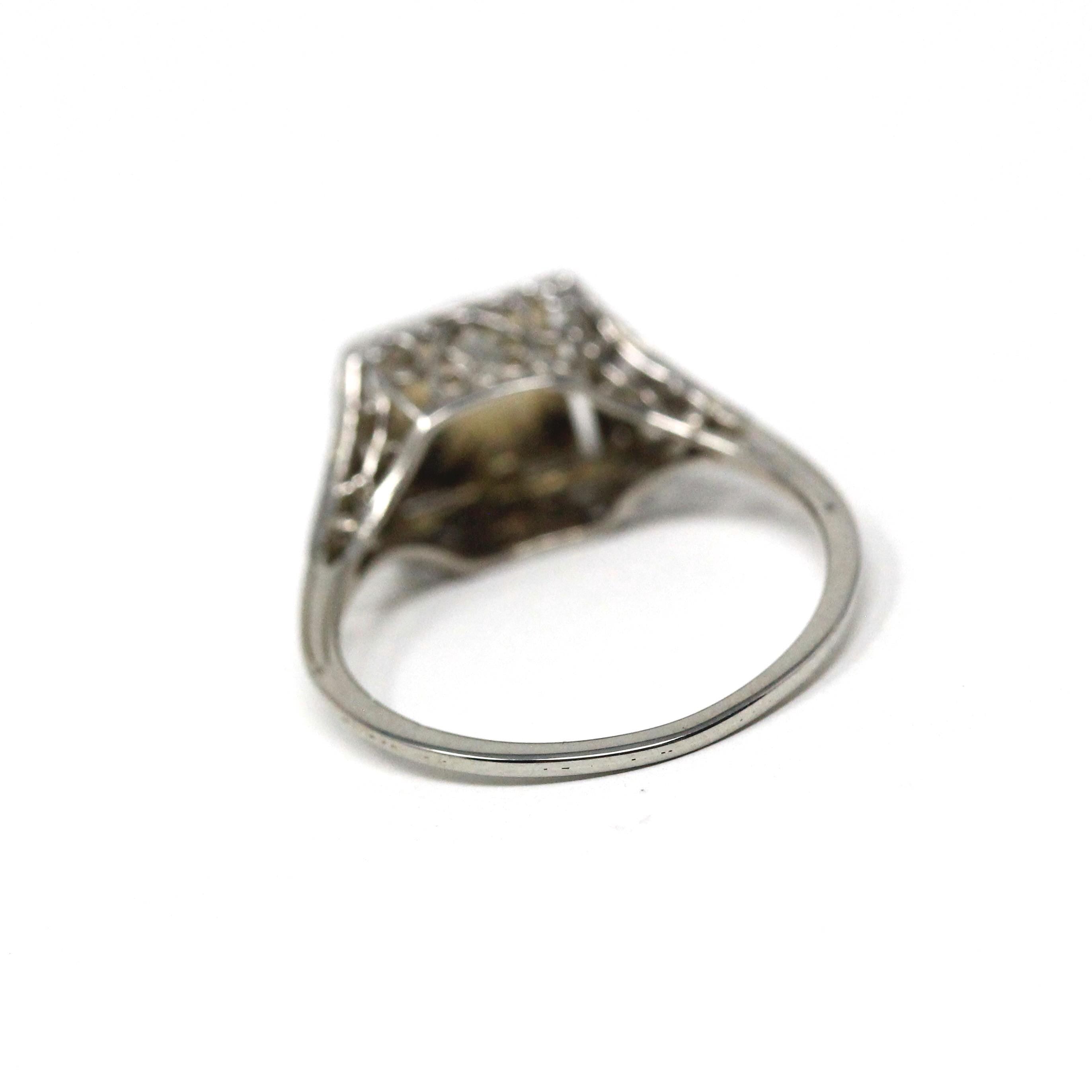 Vintage Opal Ring - Art Deco 18k White Gold Natural Cabochon Gem Square Filigree Solitaire - Circa 1930s Size 5 3/4 Fine Statement Jewelry