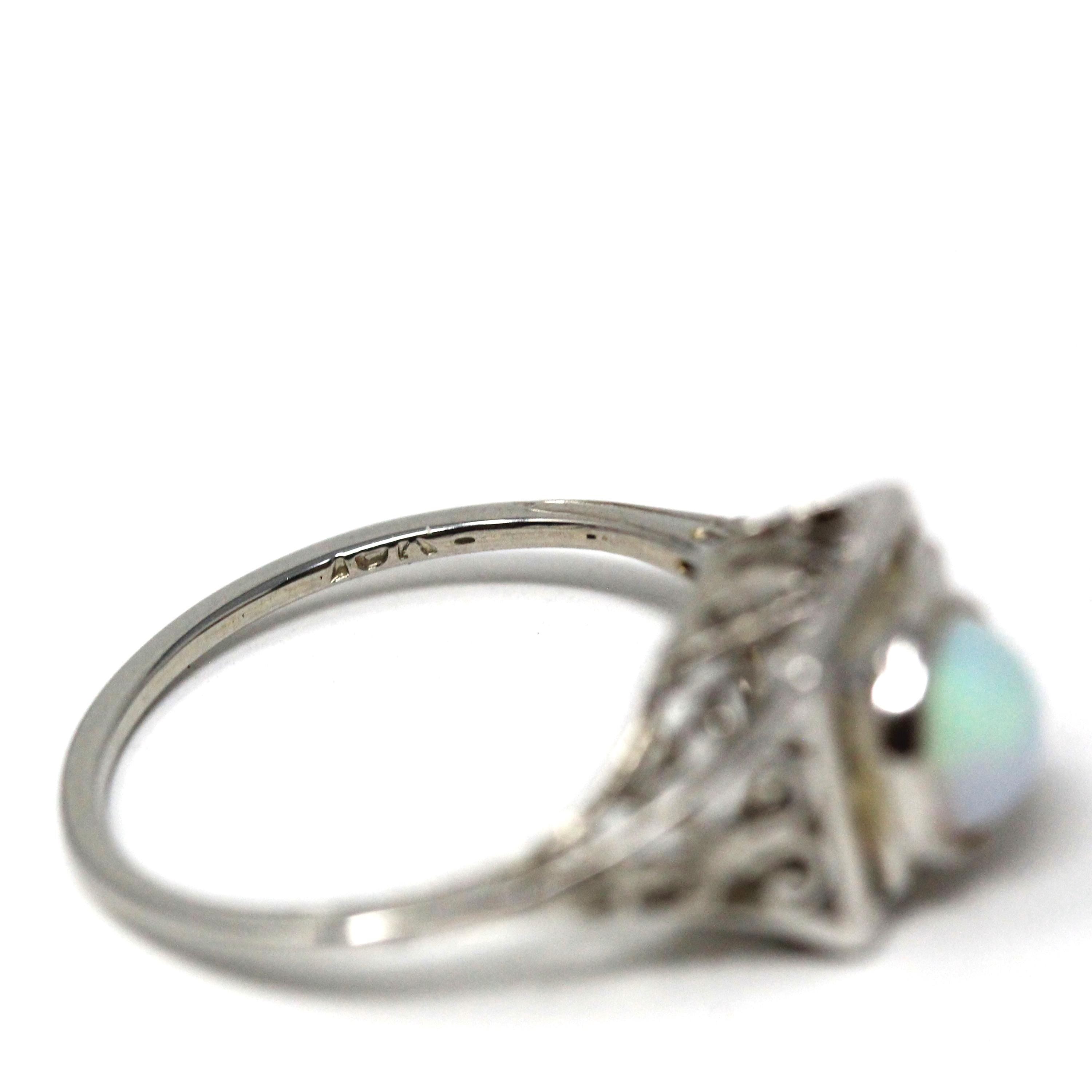 Vintage Opal Ring - Art Deco 18k White Gold Natural Cabochon Gem Square Filigree Solitaire - Circa 1930s Size 5 3/4 Fine Statement Jewelry