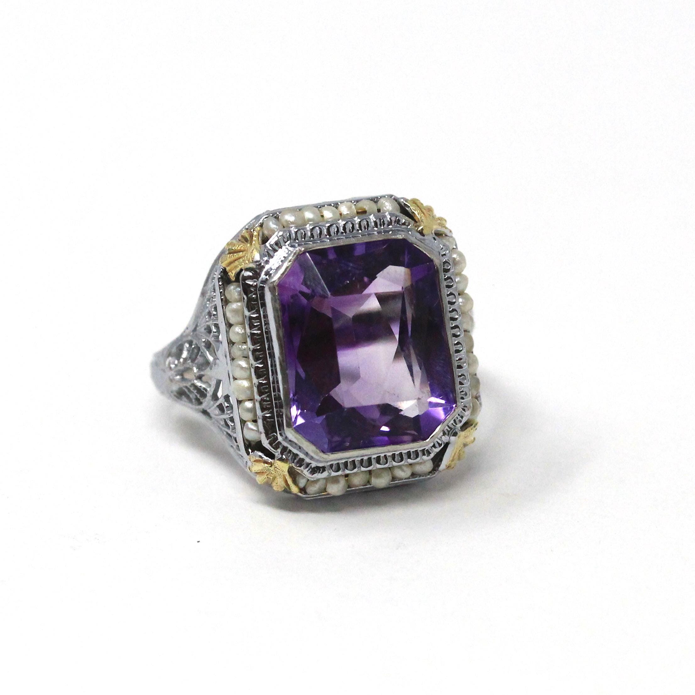 Art Deco Amethyst Ring - Vintage 14k White Gold Octagonal French Cut Purple Gem & Seed Pearl Halo - Circa 1930s Size 6 Filigree Fine Jewelry