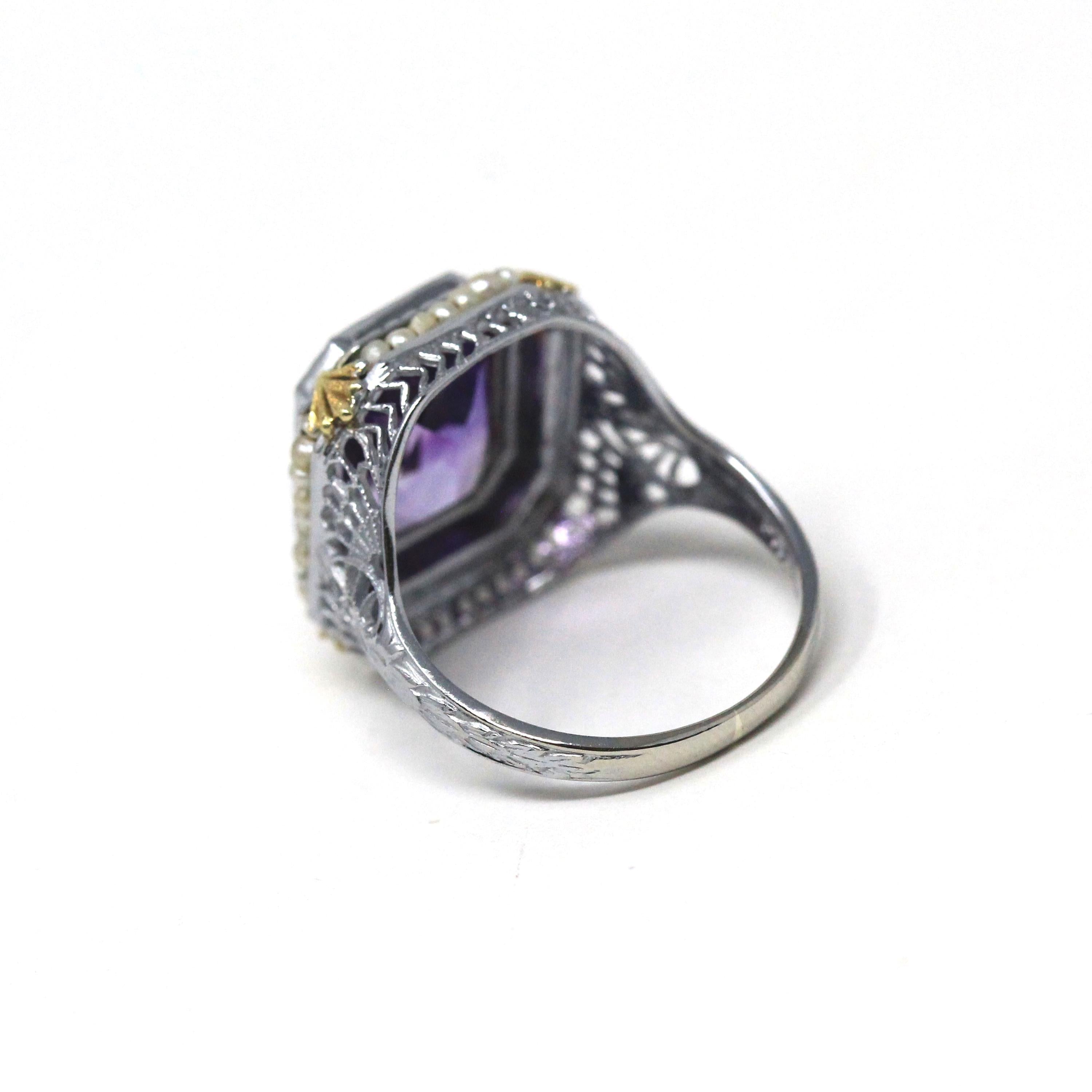 Art Deco Amethyst Ring - Vintage 14k White Gold Octagonal French Cut Purple Gem & Seed Pearl Halo - Circa 1930s Size 6 Filigree Fine Jewelry
