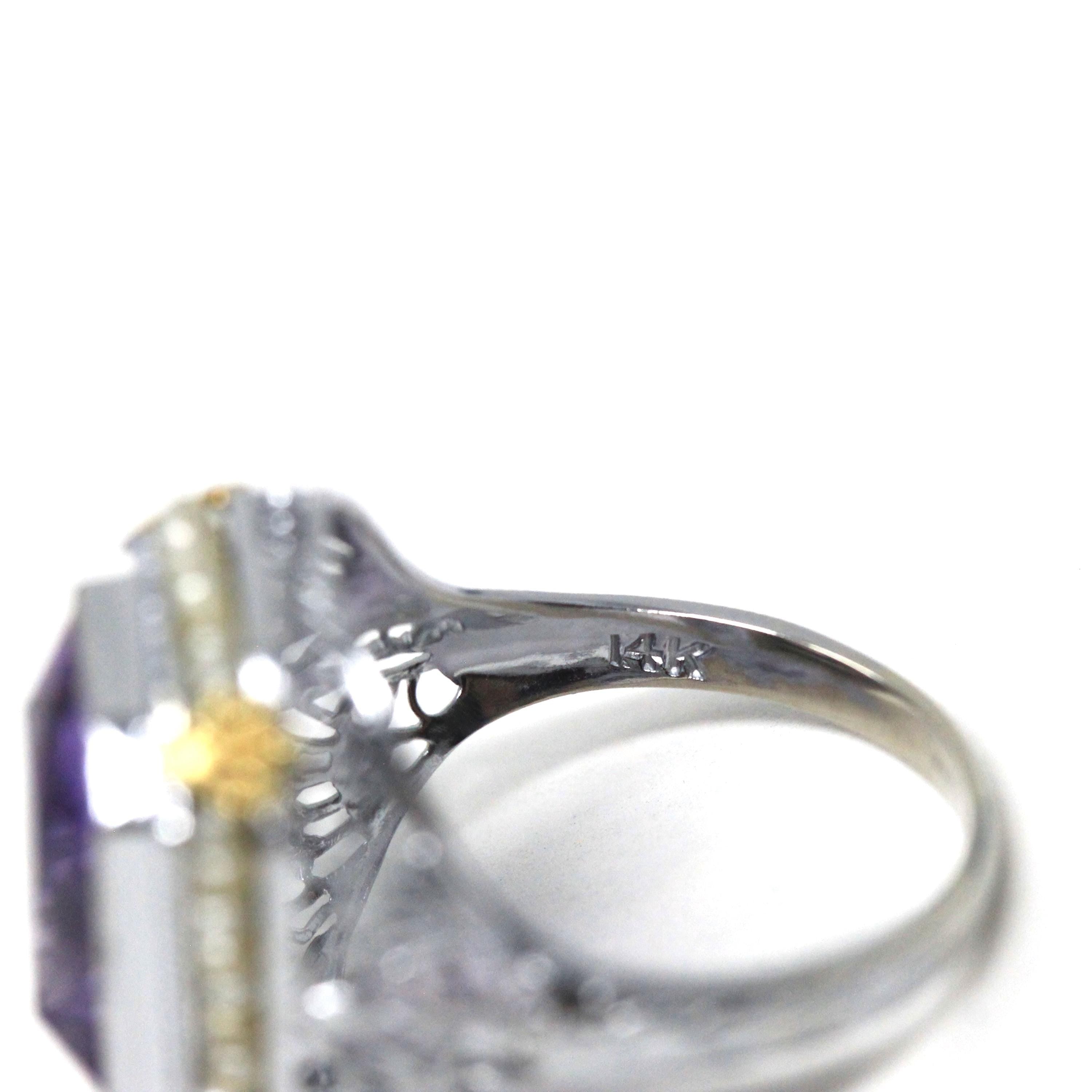Art Deco Amethyst Ring - Vintage 14k White Gold Octagonal French Cut Purple Gem & Seed Pearl Halo - Circa 1930s Size 6 Filigree Fine Jewelry