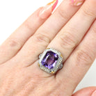 Art Deco Amethyst Ring - Vintage 14k White Gold Octagonal French Cut Purple Gem & Seed Pearl Halo - Circa 1930s Size 6 Filigree Fine Jewelry