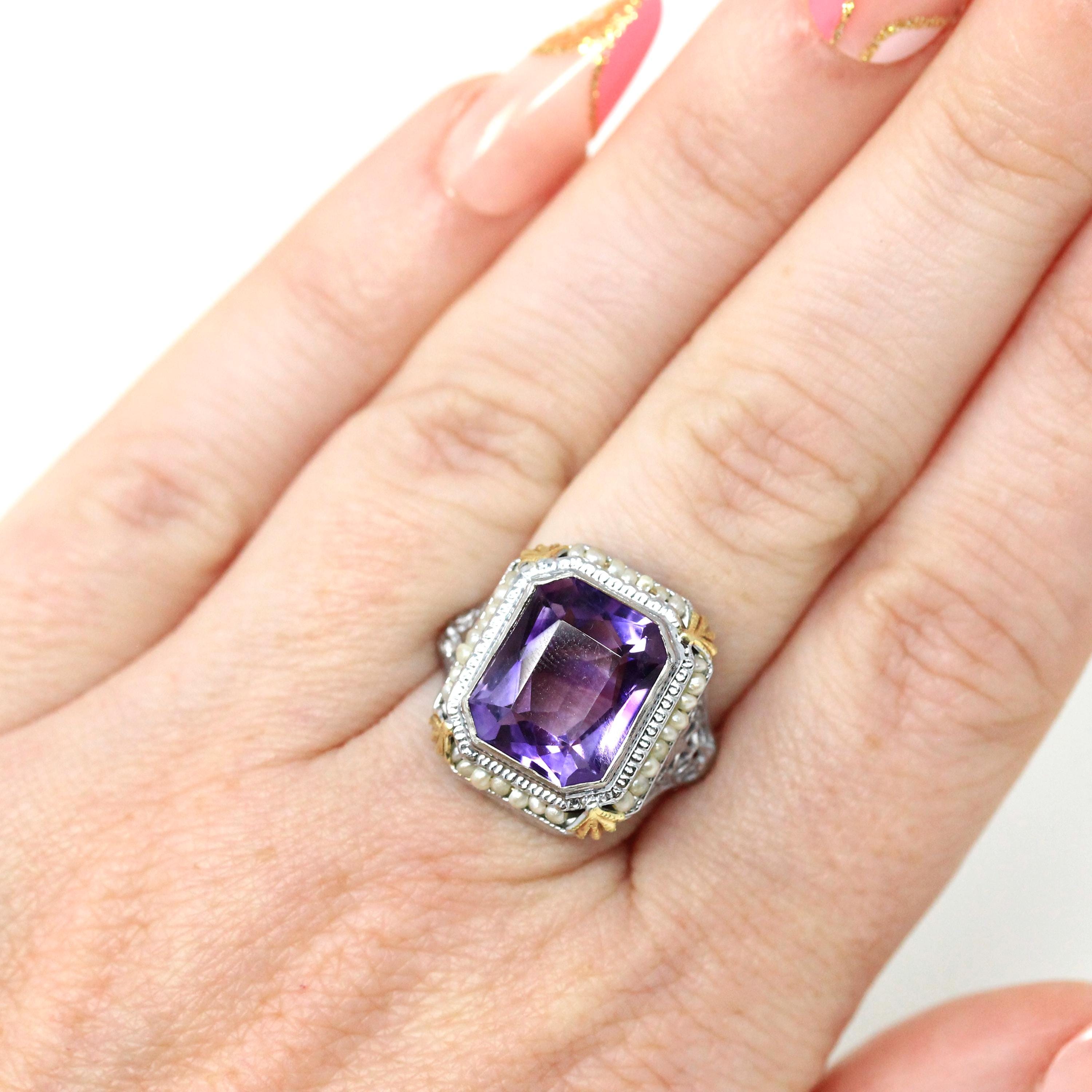 Art Deco Amethyst Ring - Vintage 14k White Gold Octagonal French Cut Purple Gem & Seed Pearl Halo - Circa 1930s Size 6 Filigree Fine Jewelry