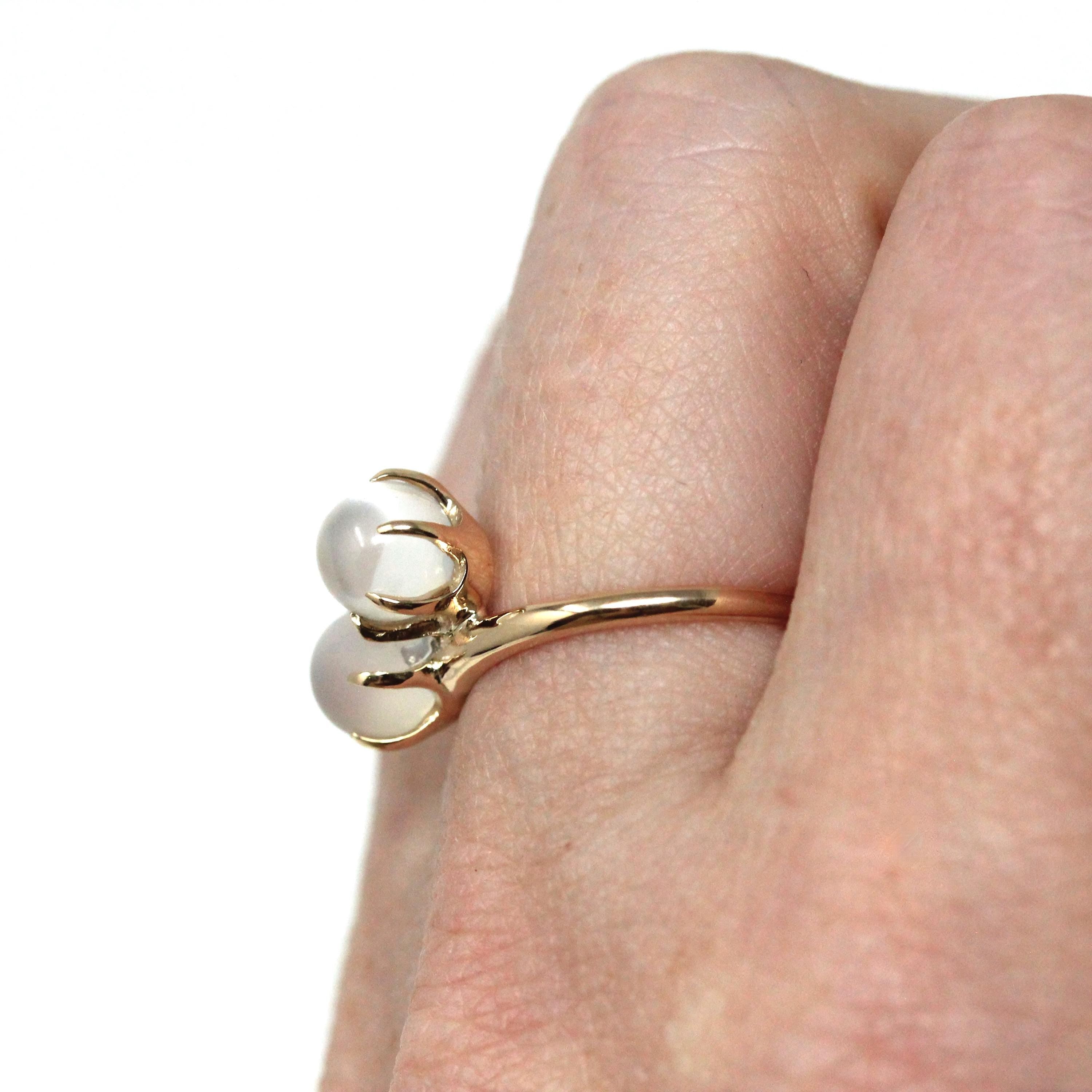 Edwardian Moonstone Ring - Vintage 10k Yellow Gold Natural Round Toi Et Moi Orb Gems - Antique Circa 1910s Era Size 5.5 Bypass Fine Jewelry