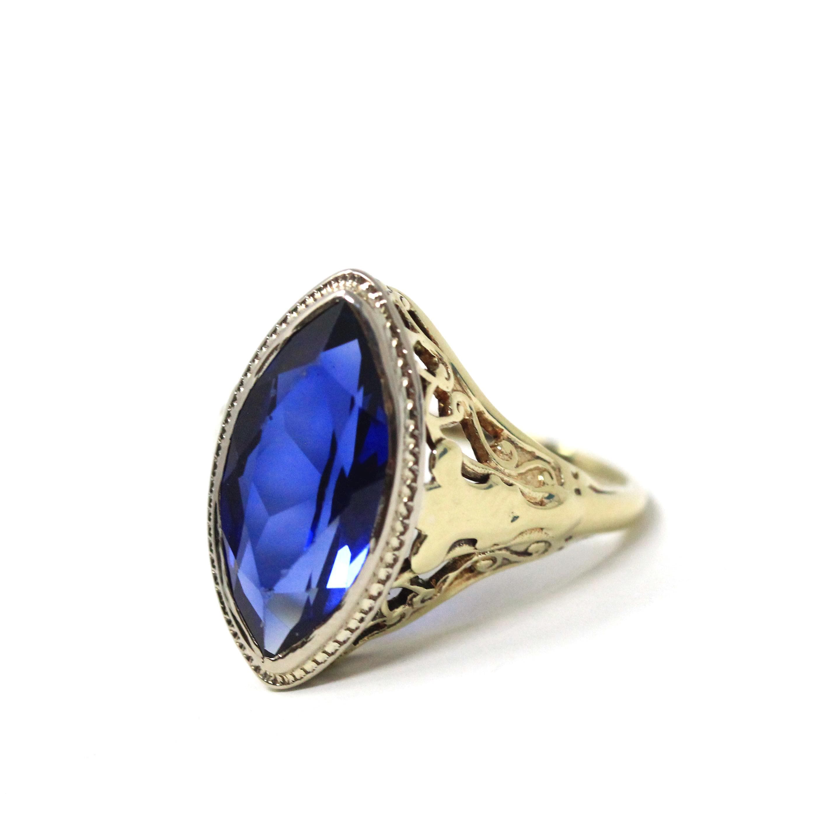Art Deco Marquise Ring - Vintage 14k White & Yellow Gold Created Blue Sapphire Navette Solitaire - Circa 1930s Size 5 Fine Filigree Jewelry