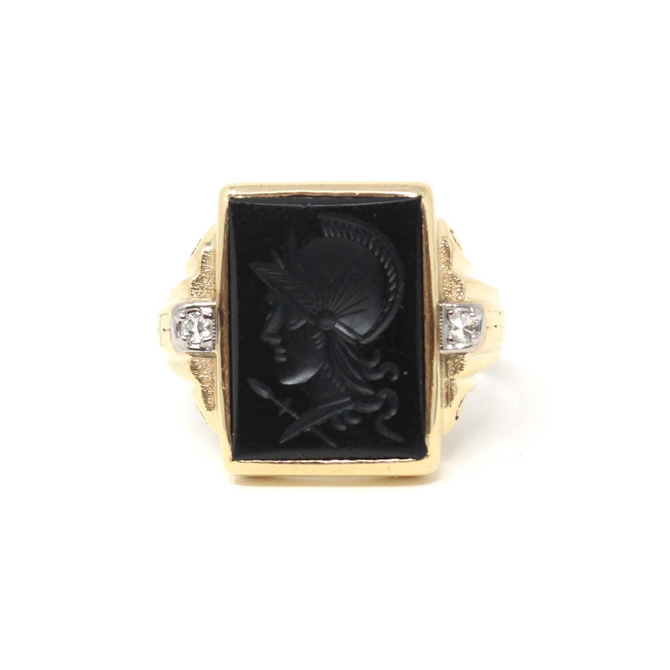 Vintage Warrior Intaglio Ring - Mid Century 10k Gold Carved Black Chalcedony Natural Diamonds - Circa 1940s Size 7 1/2 Unisex Fine Jewelry