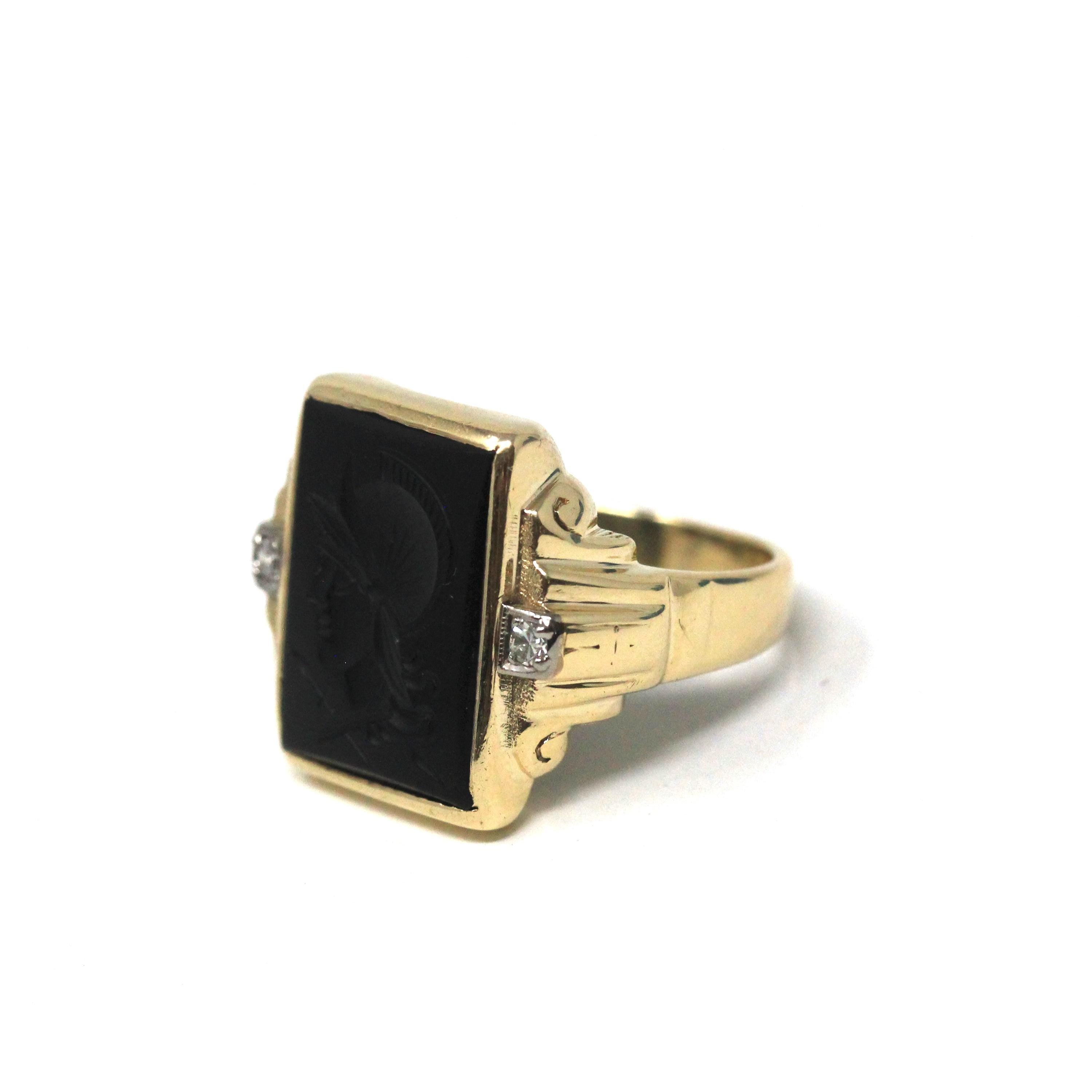 Vintage Warrior Intaglio Ring - Mid Century 10k Gold Carved Black Chalcedony Natural Diamonds - Circa 1940s Size 7 1/2 Unisex Fine Jewelry