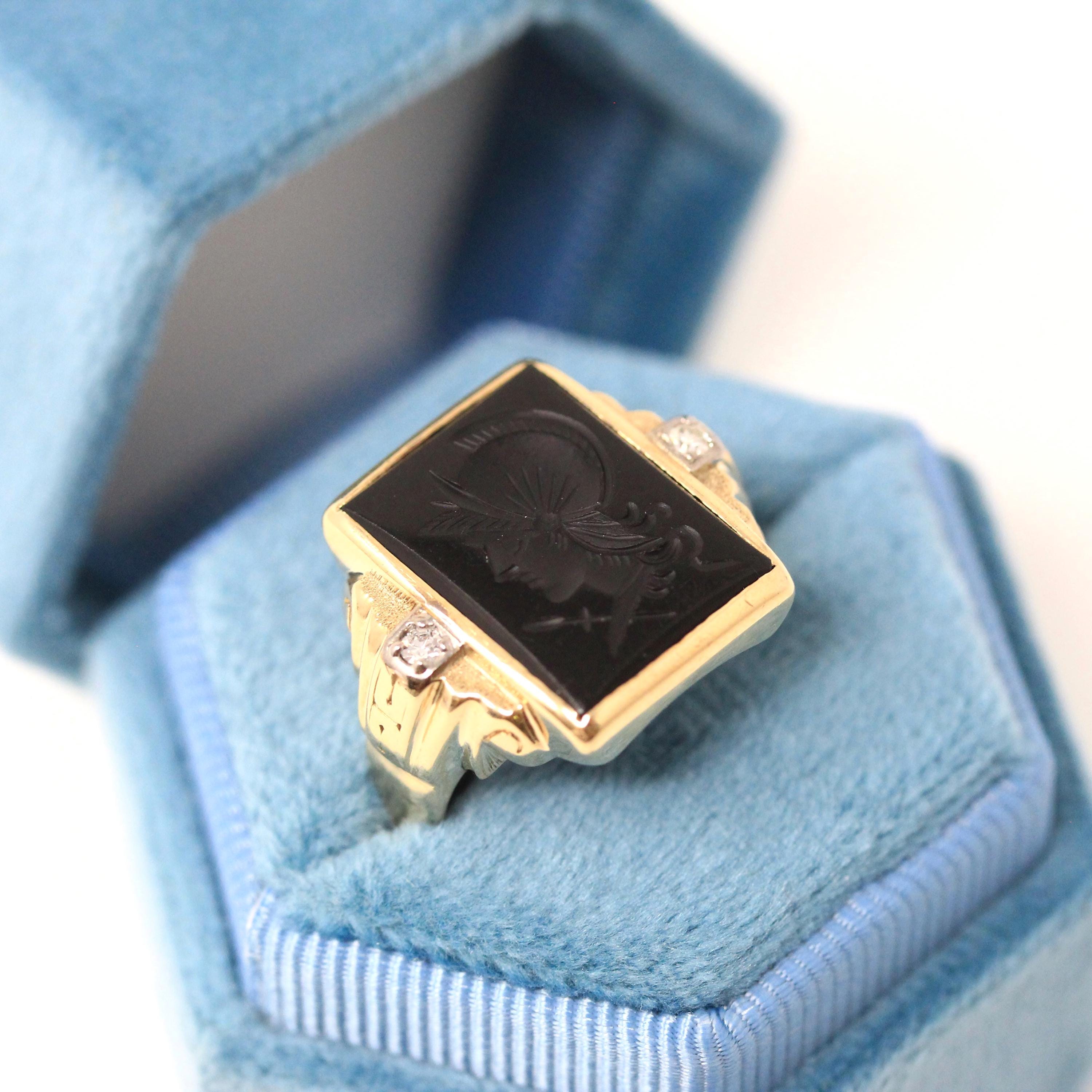 Vintage Warrior Intaglio Ring - Mid Century 10k Gold Carved Black Chalcedony Natural Diamonds - Circa 1940s Size 7 1/2 Unisex Fine Jewelry