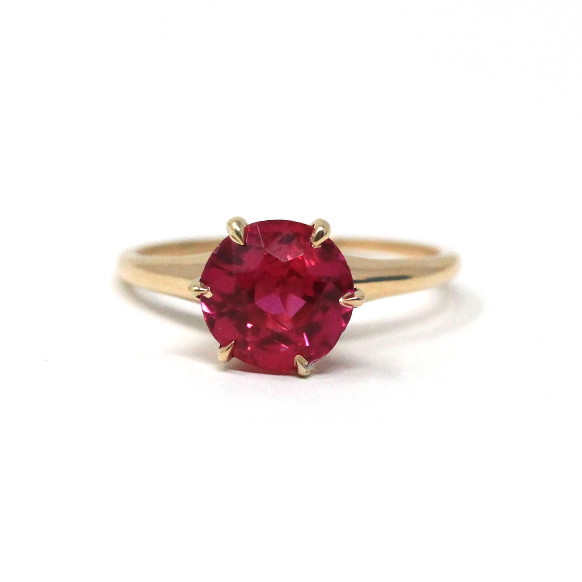 Created Ruby Ring - Mid Century 10k Yellow Gold Round Pinkish Red Stone - Vintage 1940s Size 5 3/4 July Birthstone Fine Solitaire Jewelry
