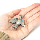 Silver Bird Brooch - Retro Era Handmade Silver & Turquoise Gemstones Avian Pendant - Vintage Circa 1940s Perfume Compartment Fine Jewelry
