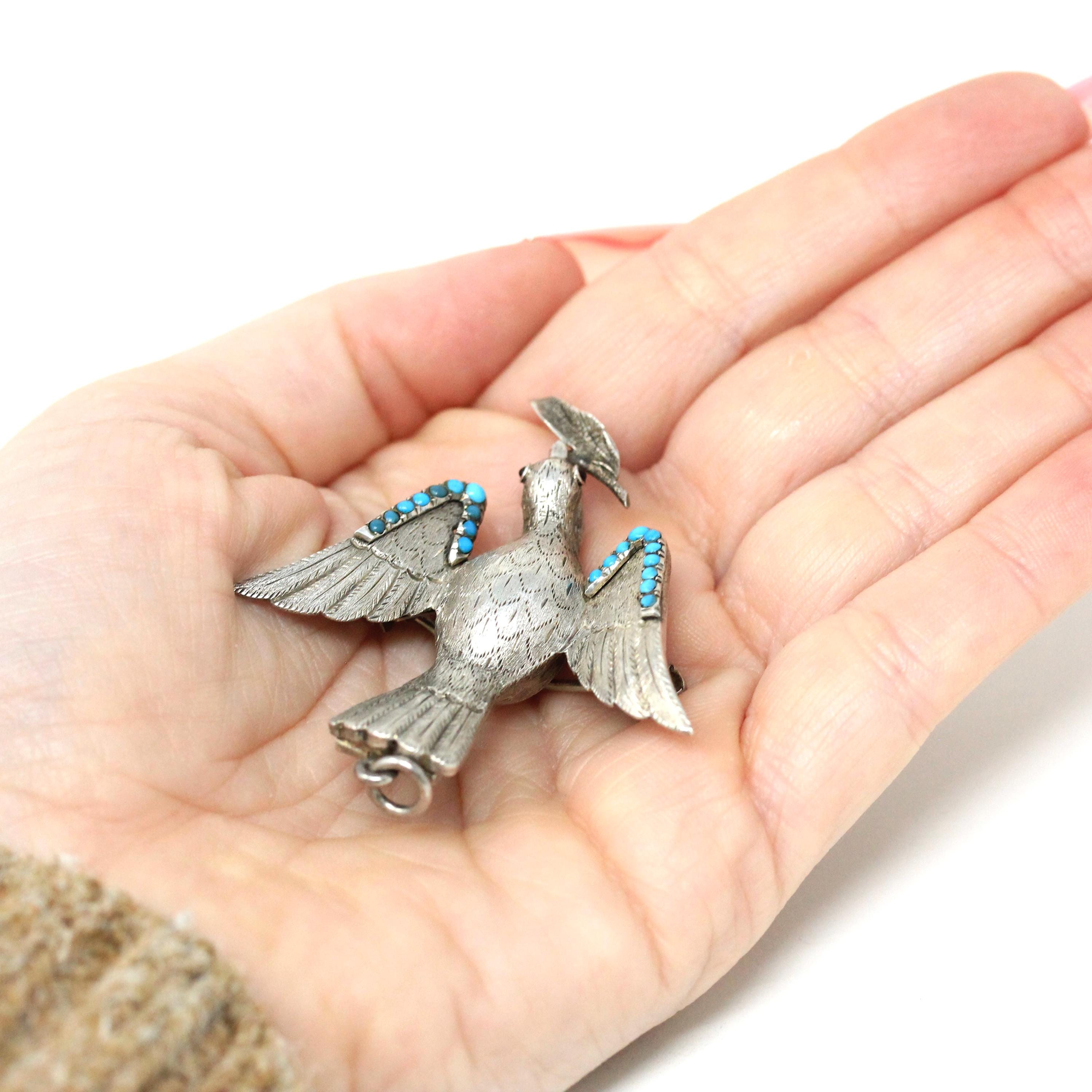 Silver Bird Brooch - Retro Era Handmade Silver & Turquoise Gemstones Avian Pendant - Vintage Circa 1940s Perfume Compartment Fine Jewelry